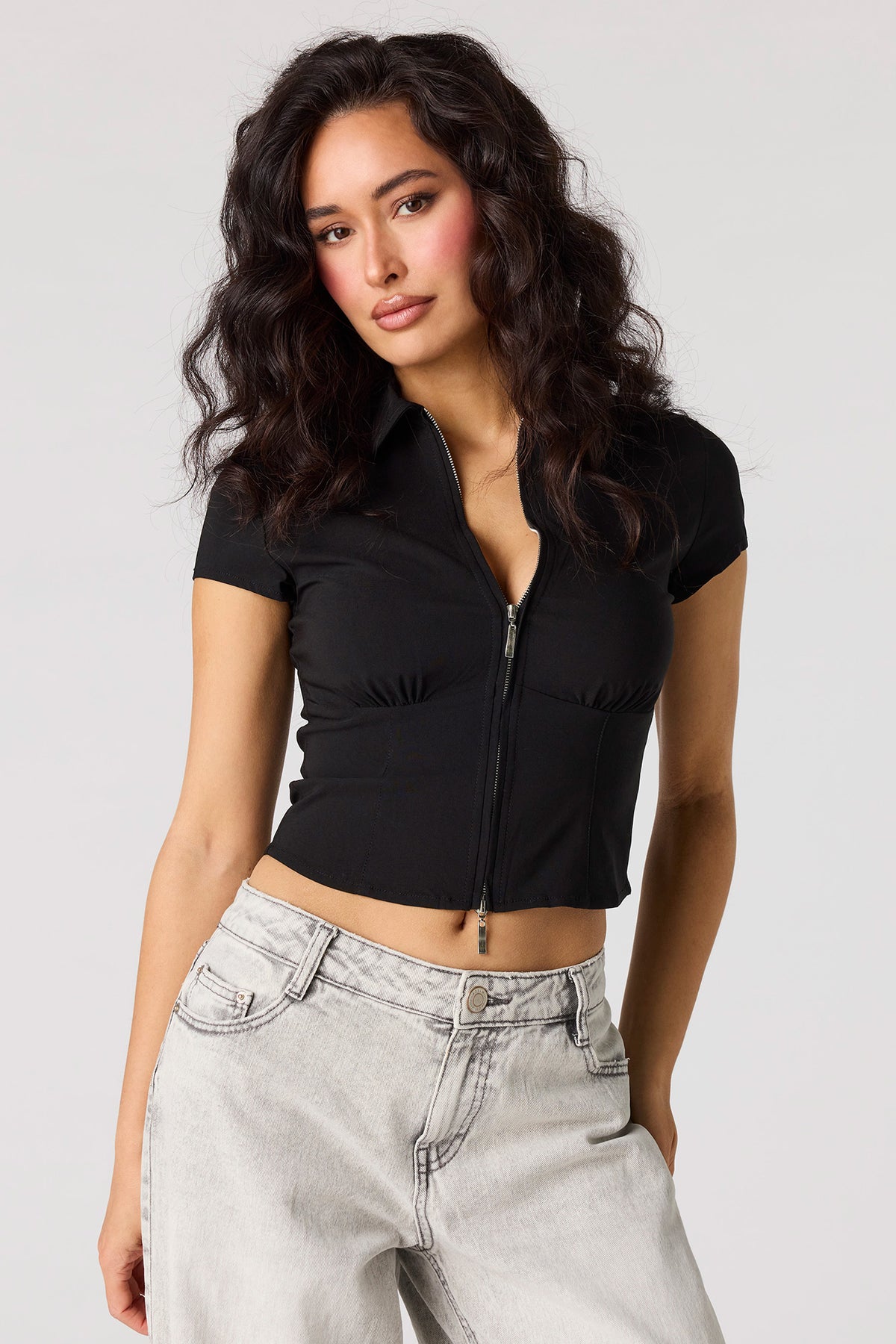 2-Way Zip-Up Collared Corset Top - Black