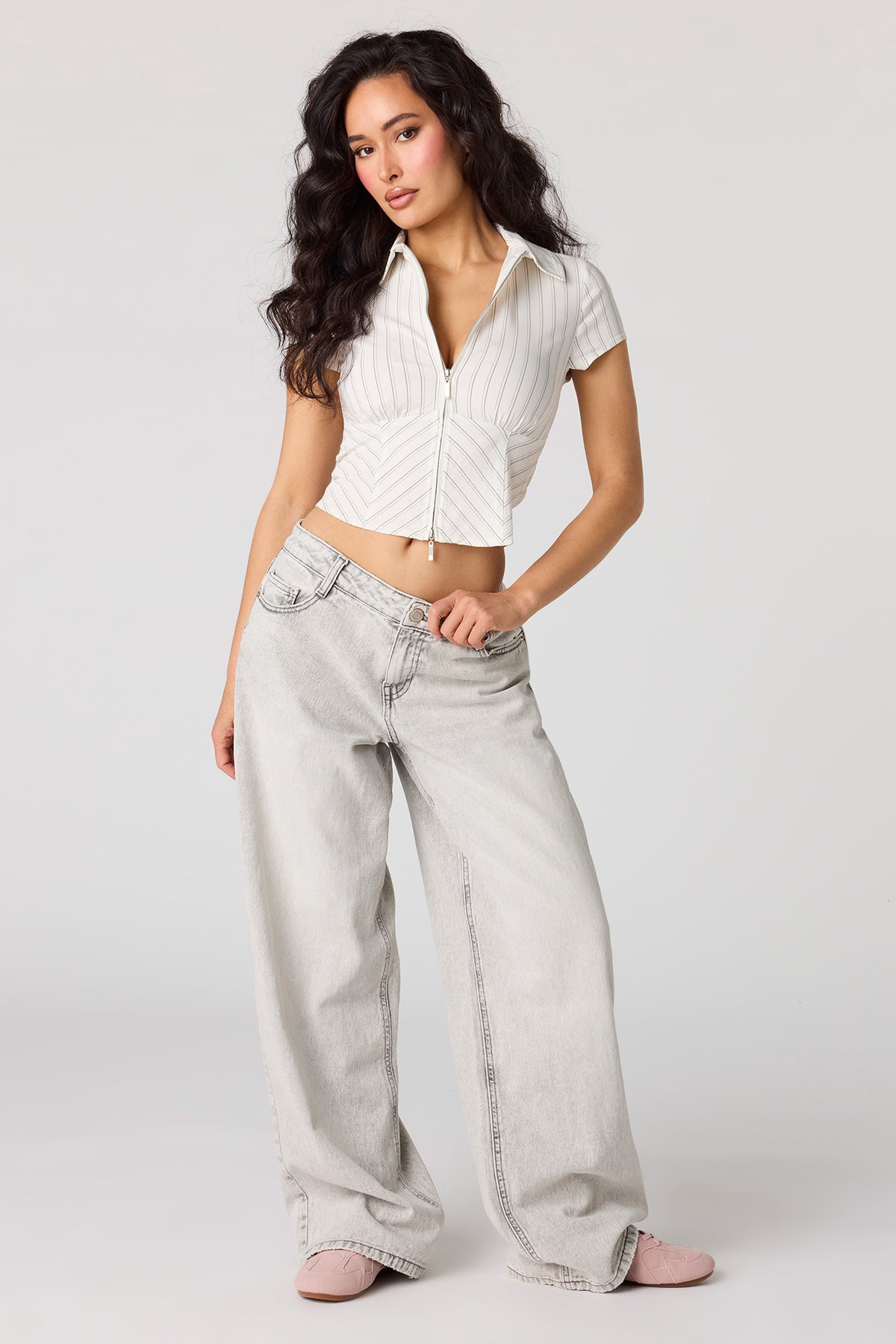 Alt View 3. 2-Way Zip-Up Collared Corset Top - Ivory