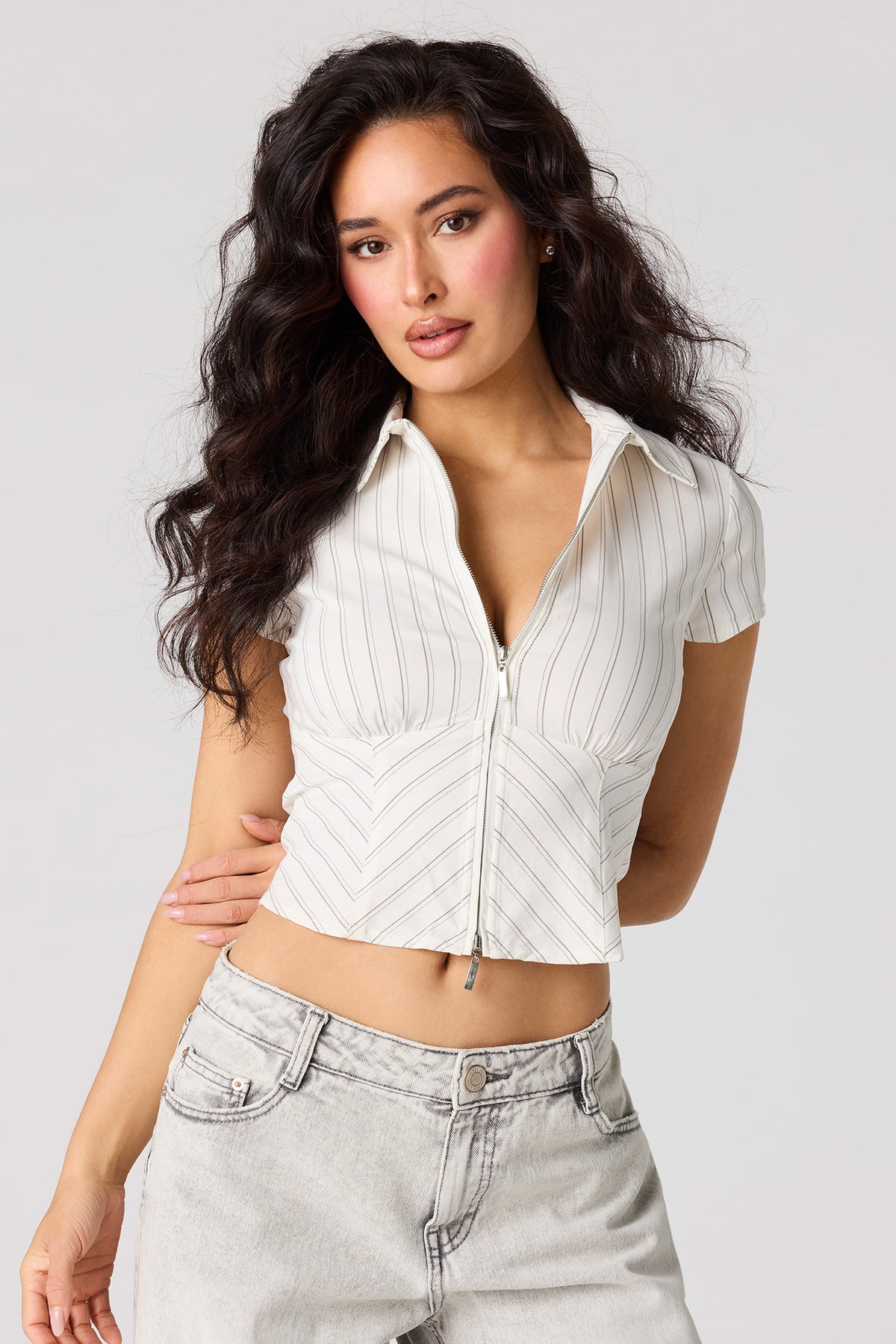 2-Way Zip-Up Collared Corset Top - Ivory