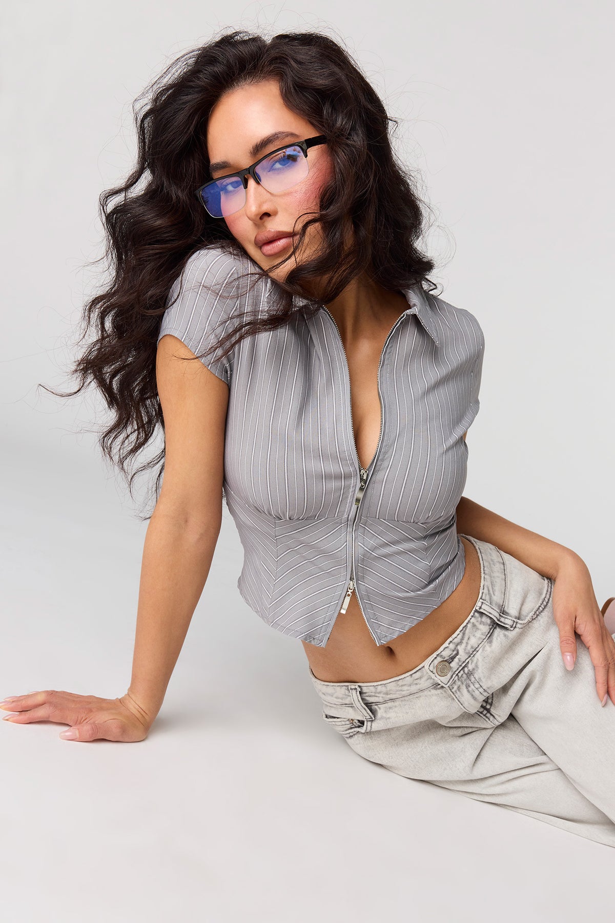 2-Way Zip-Up Collared Corset Top - Grey Blue