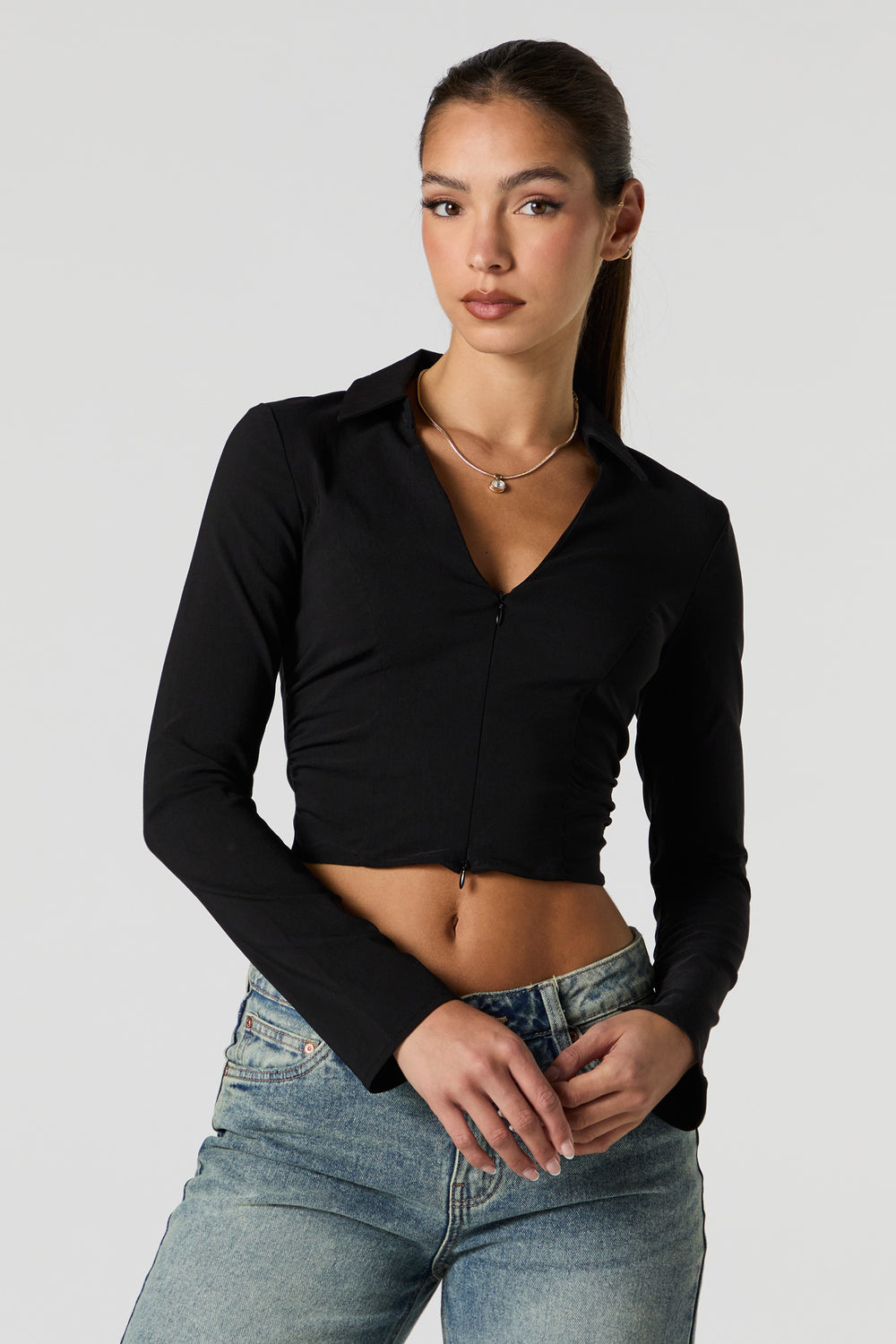 Zip-Up Collared Long Sleeve Crop Top Zip-Up Collared Long Sleeve Crop Top 4