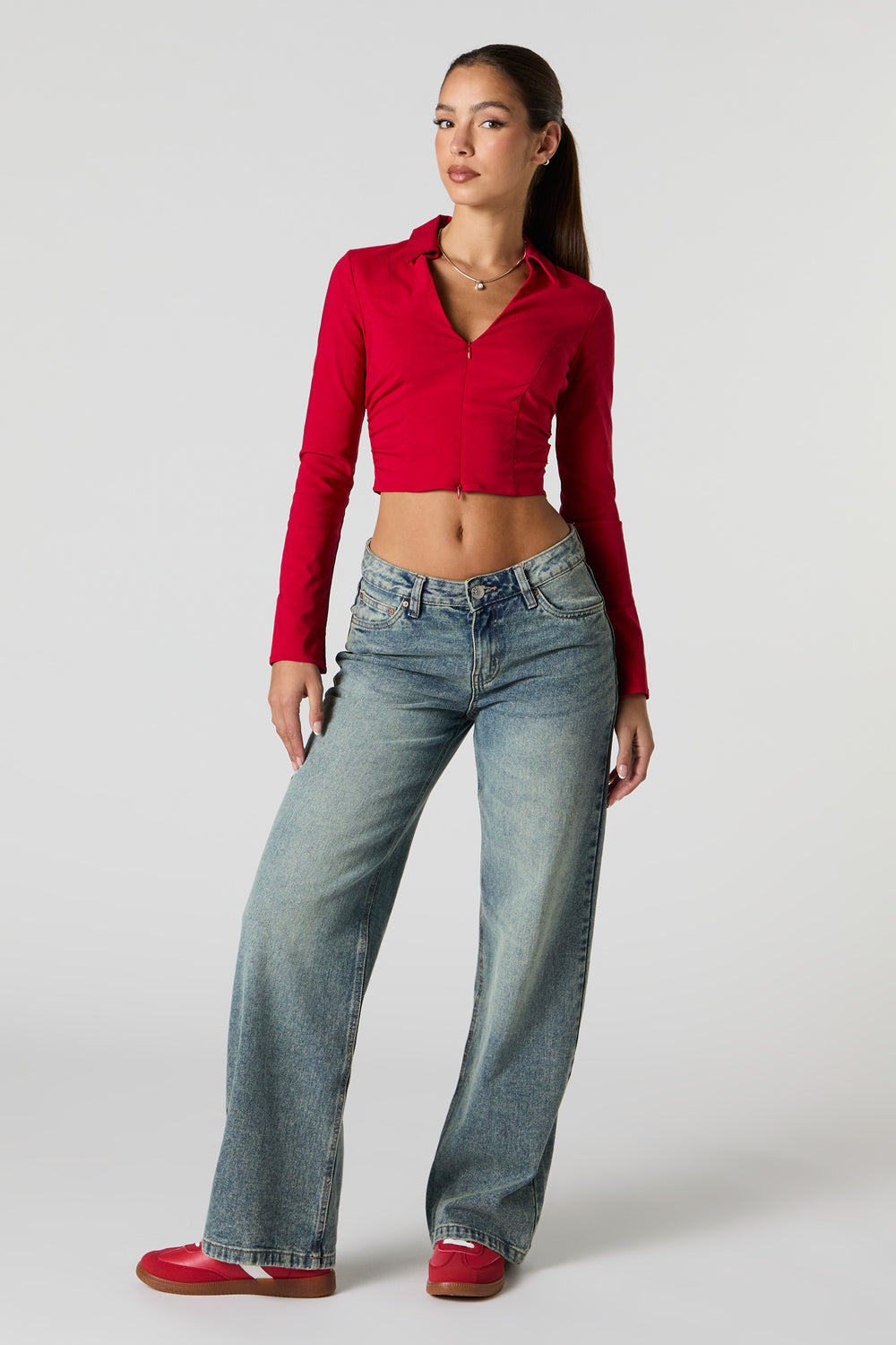 Zip-Up Collared Long Sleeve Crop Top Zip-Up Collared Long Sleeve Crop Top 9