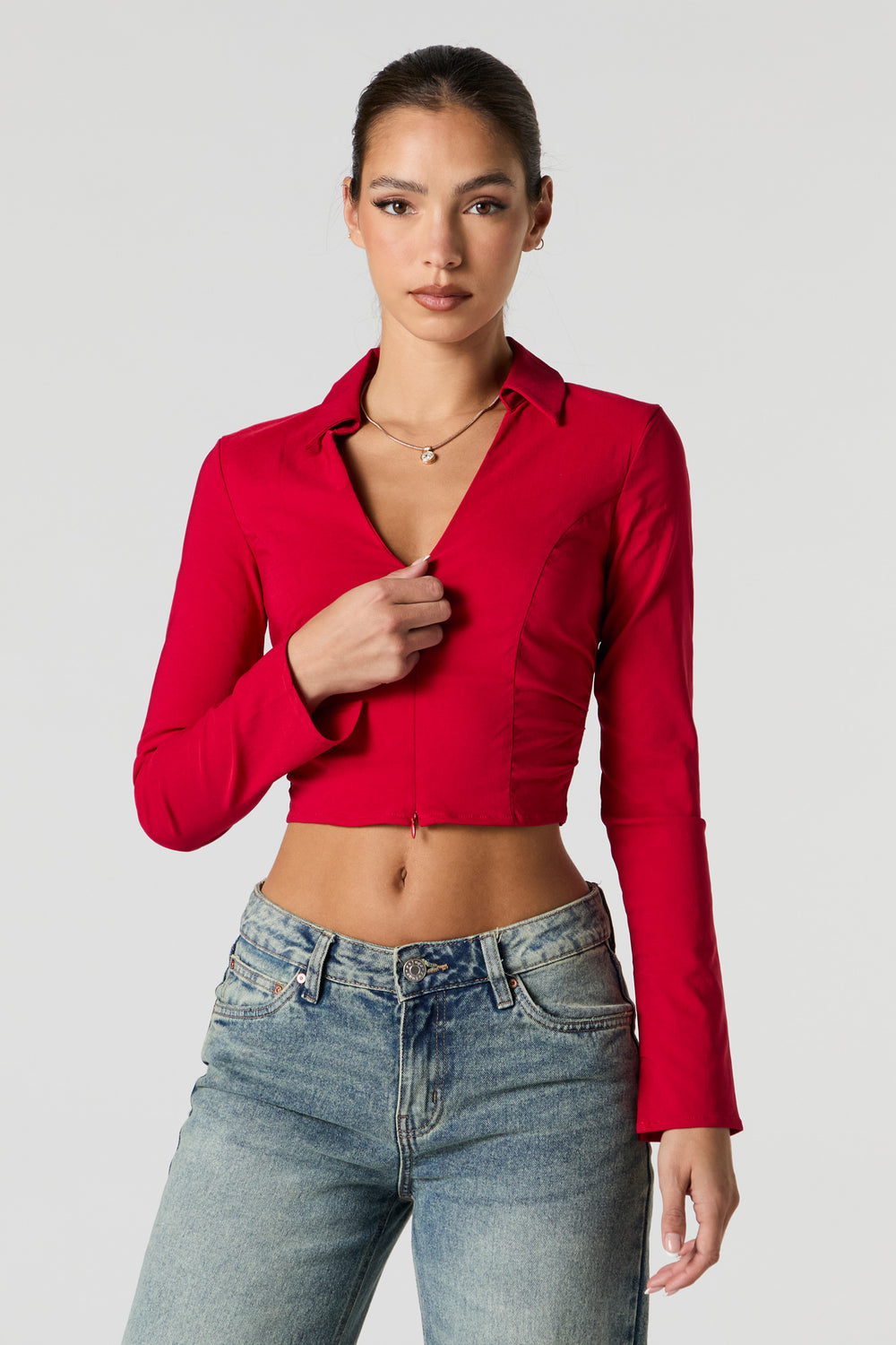 Zip-Up Collared Long Sleeve Crop Top Zip-Up Collared Long Sleeve Crop Top 7