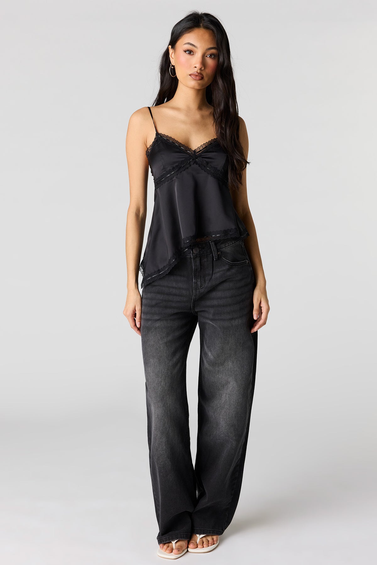 Alt View 3. Satin Lace Trim Asymmetrical Cami - Black
