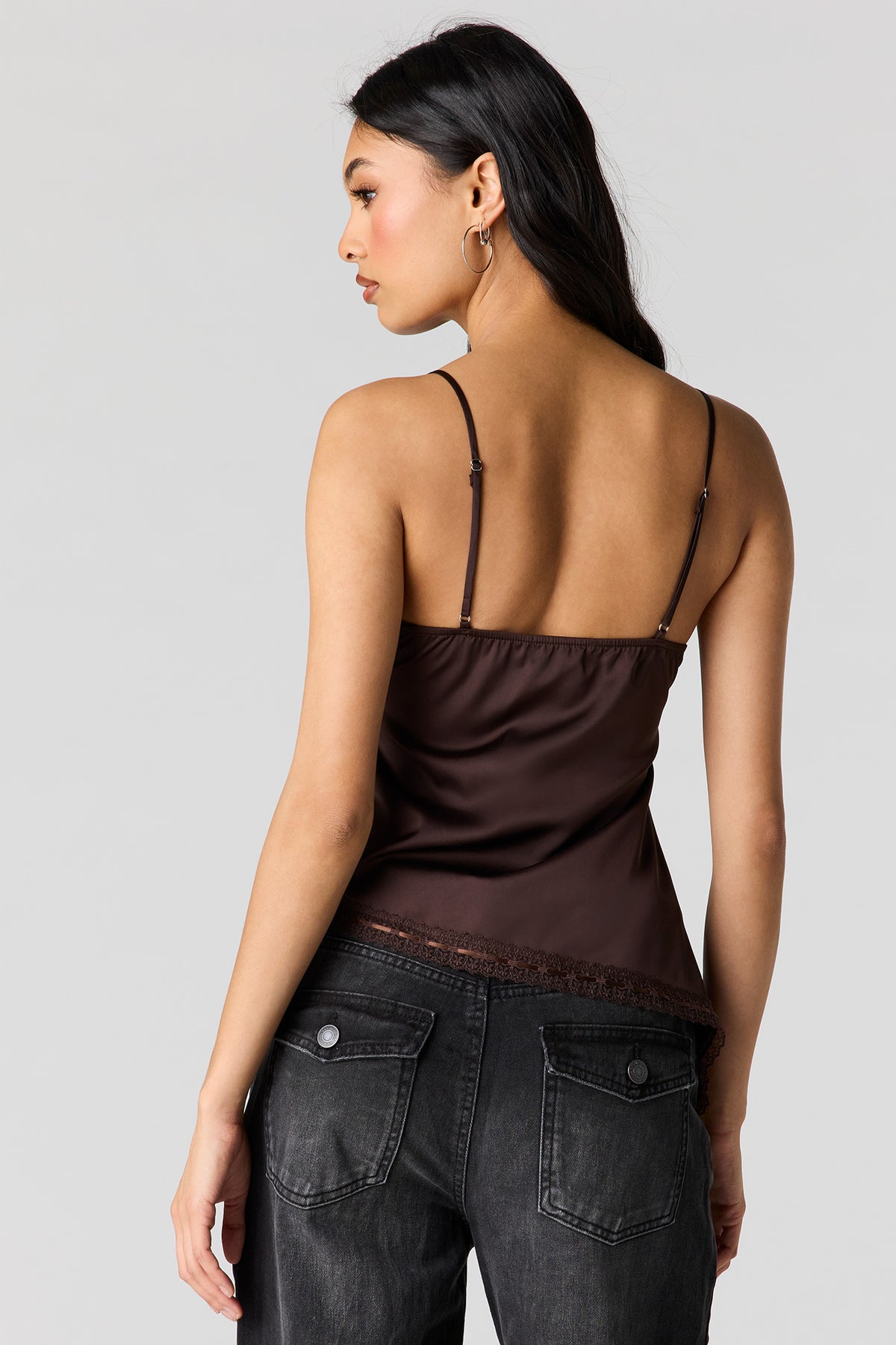 Alt View 2. Satin Lace Trim Asymmetrical Cami - Brown