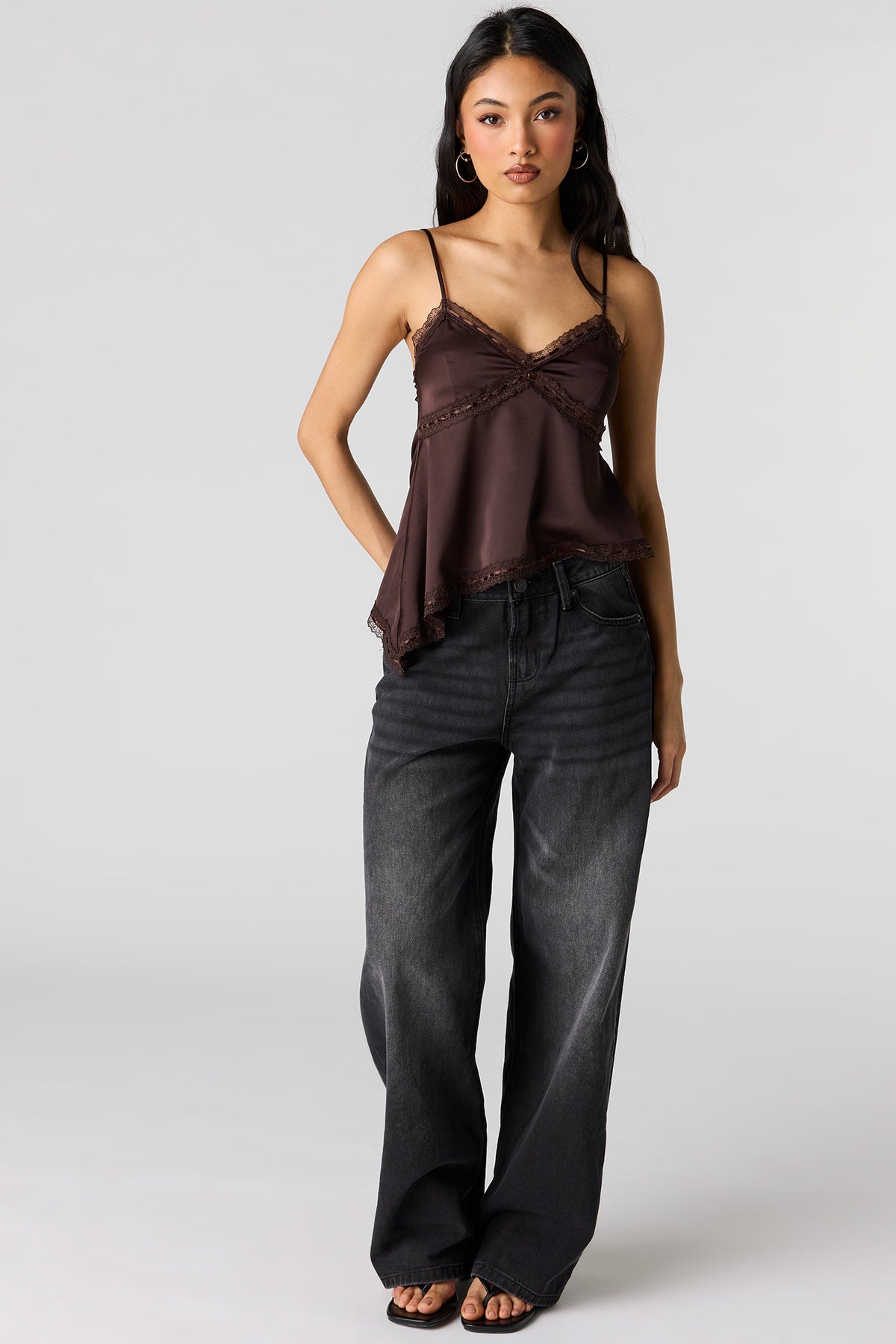 Alt View 3. Satin Lace Trim Asymmetrical Cami - Brown