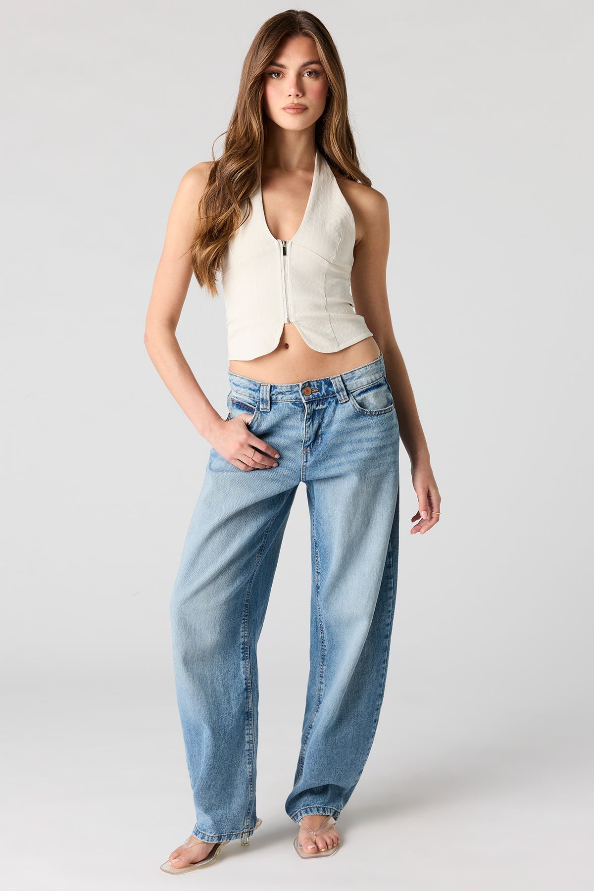Alt View 3. Zipper Front Halter Top - Tan