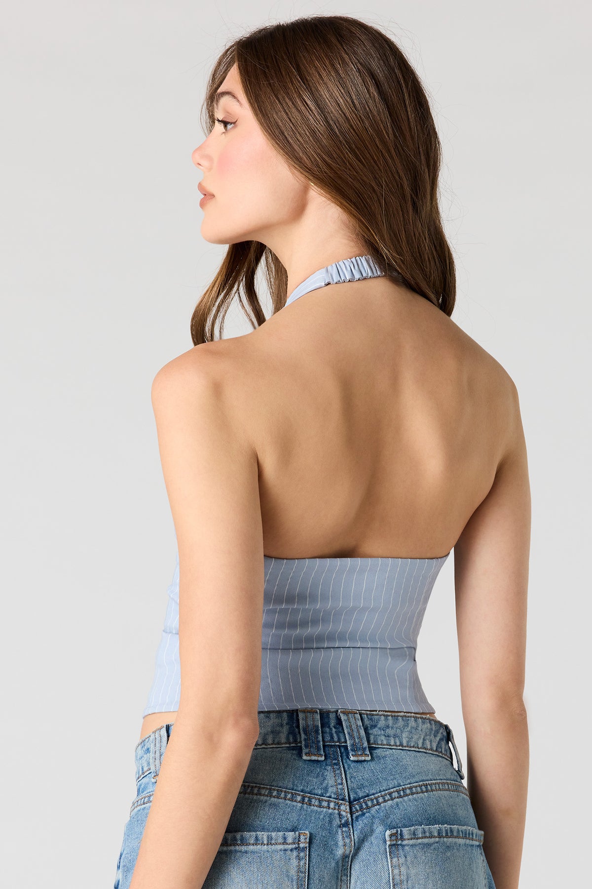 Alt View 2. Zipper Front Halter Top - Light Denim Blue