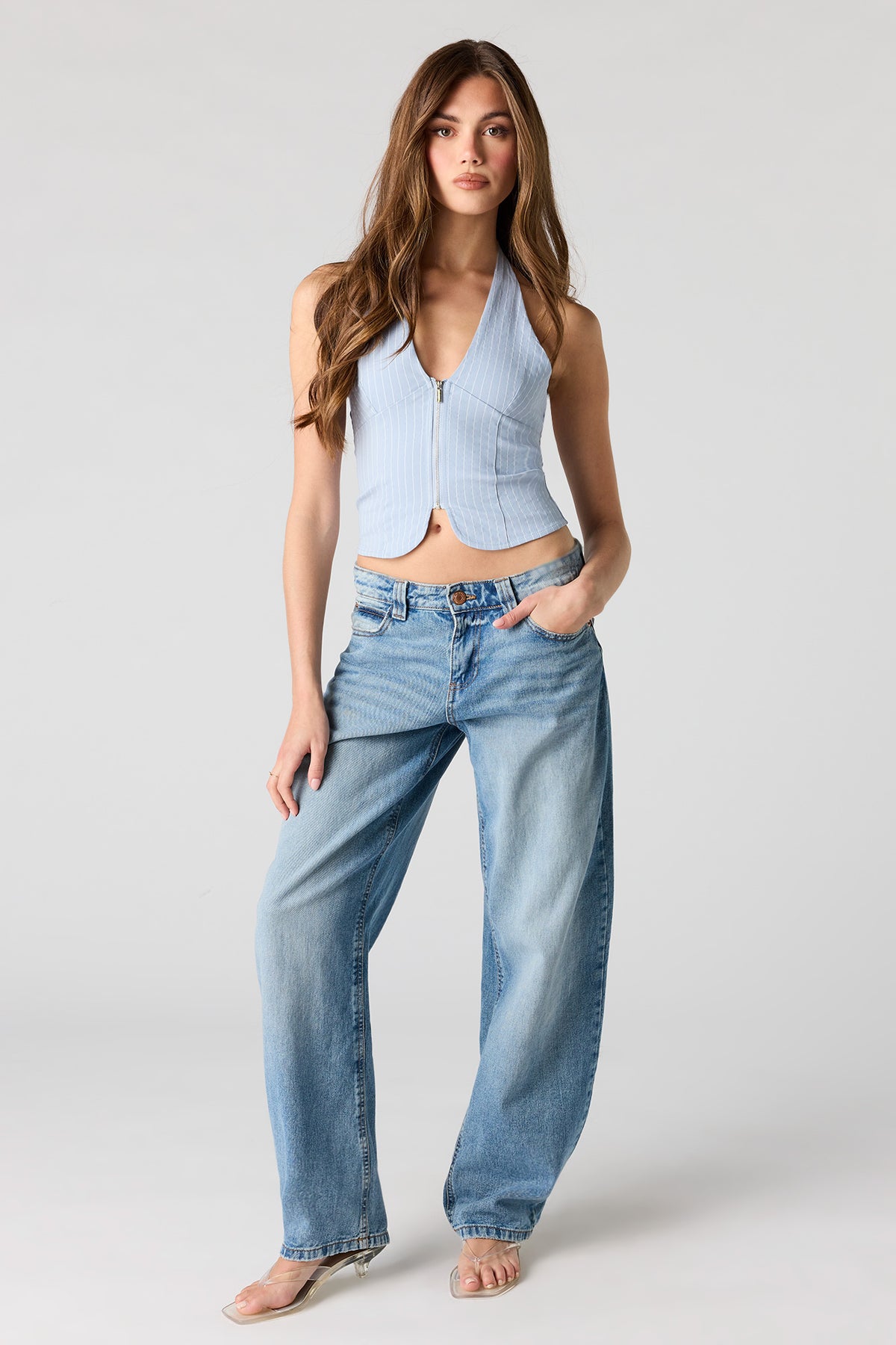 Alt View 3. Zipper Front Halter Top - Light Denim Blue