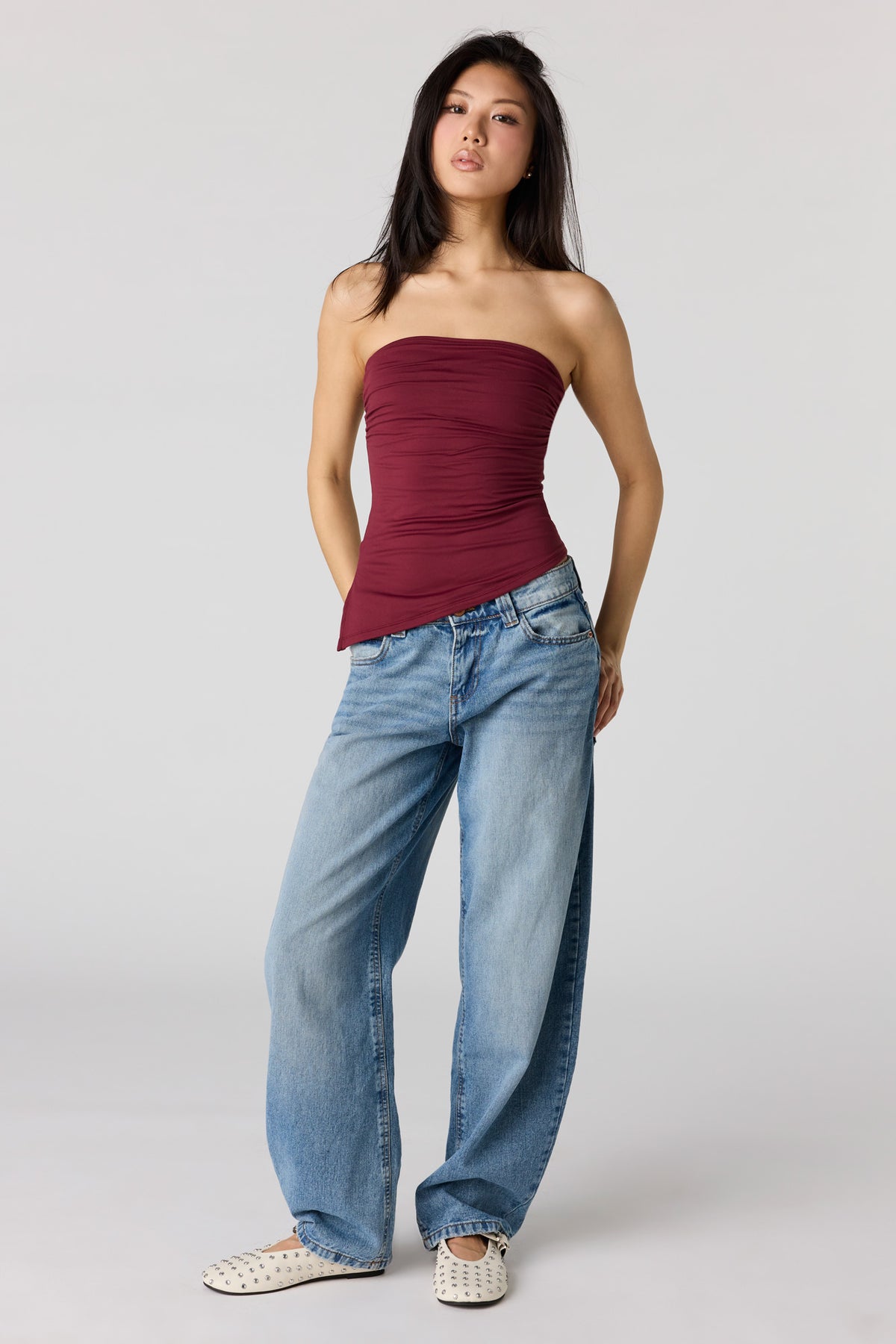 Alt View 3. Contour Asymmetrical Tube Top - Burgundy