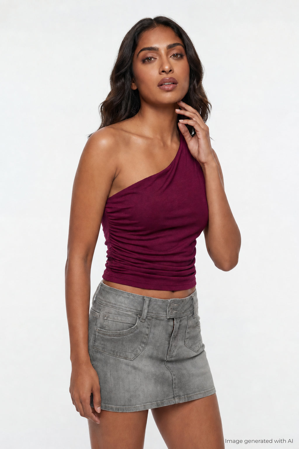 Ruched One Shoulder Top - Burgundy
