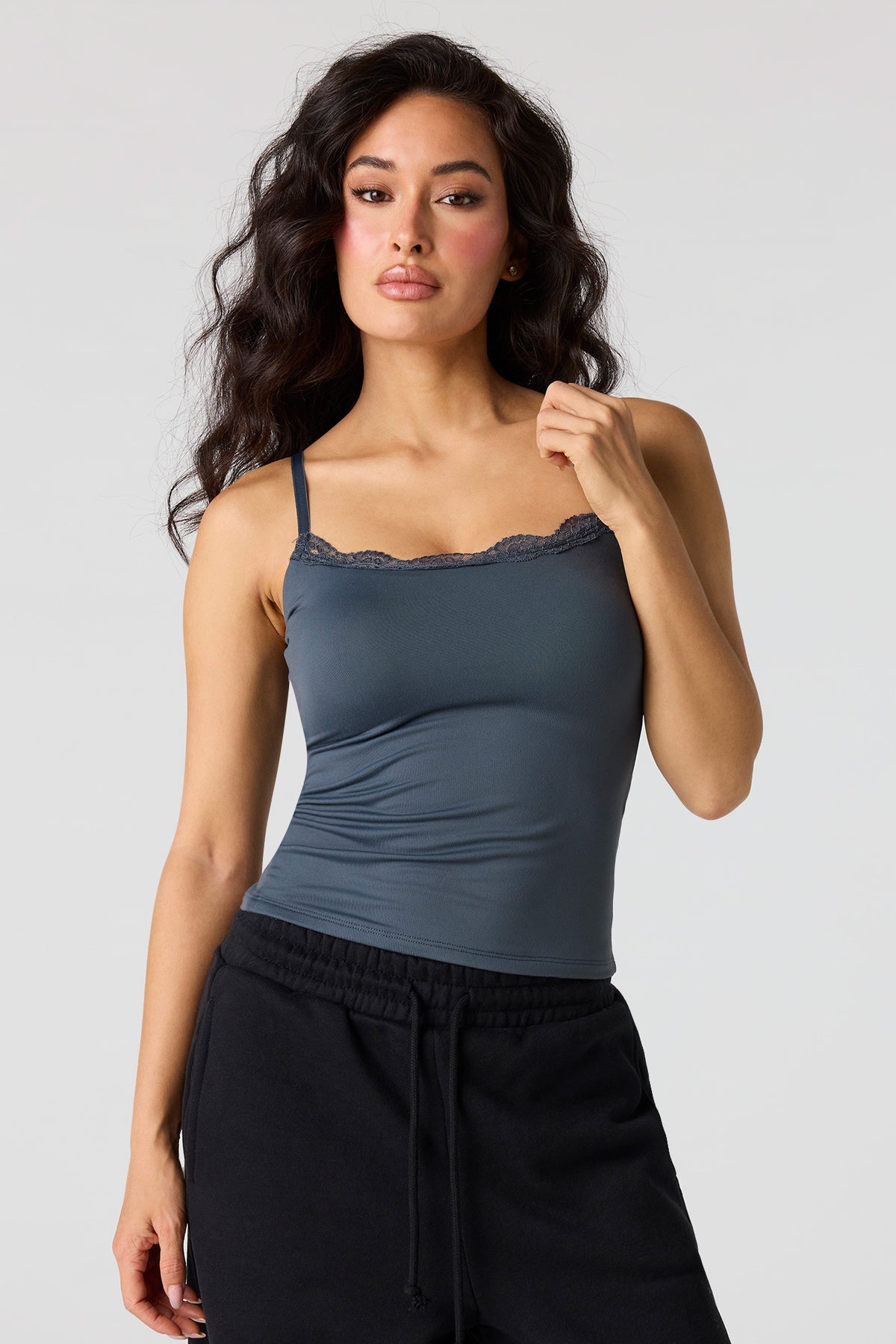 Braless Lace Trim Tank - Dark Grey
