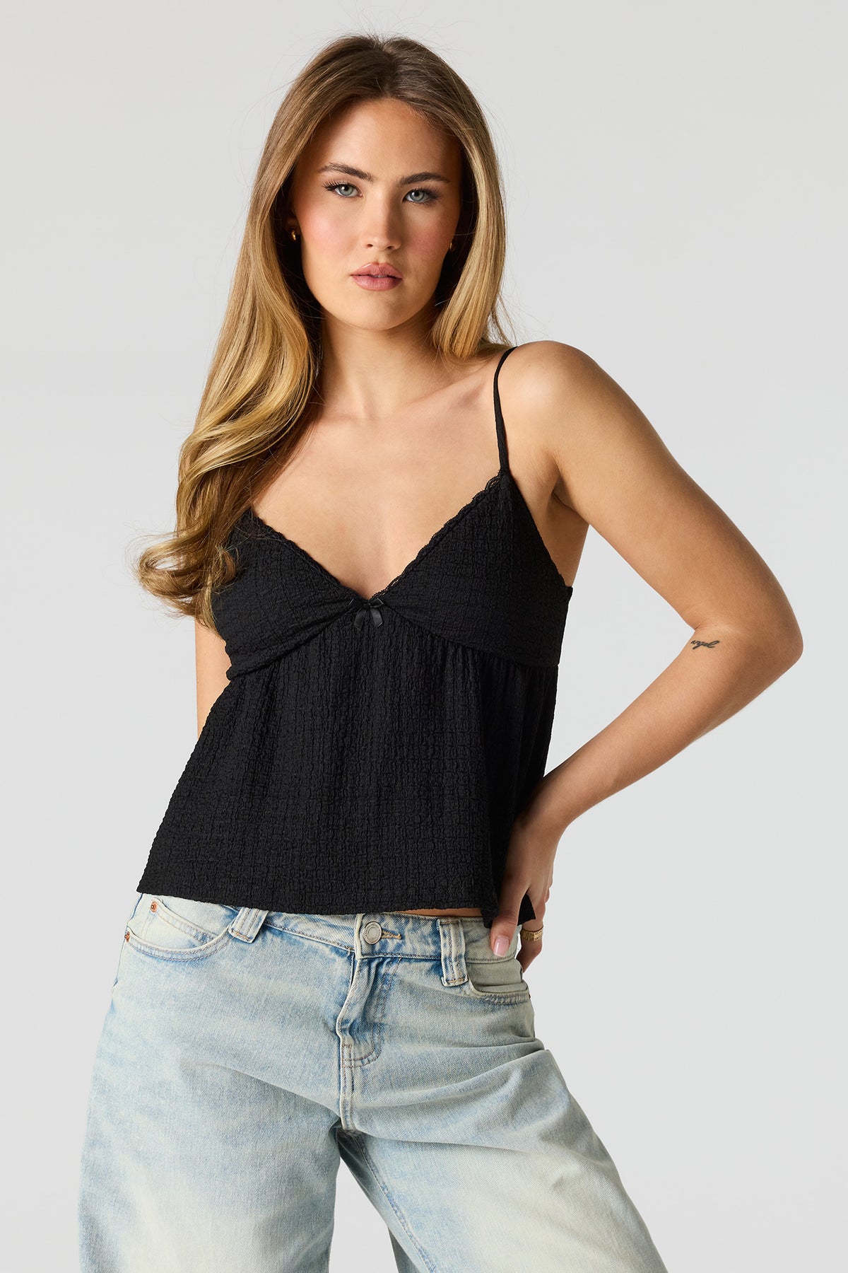 Textured V-Neck Babydoll Tank - Black