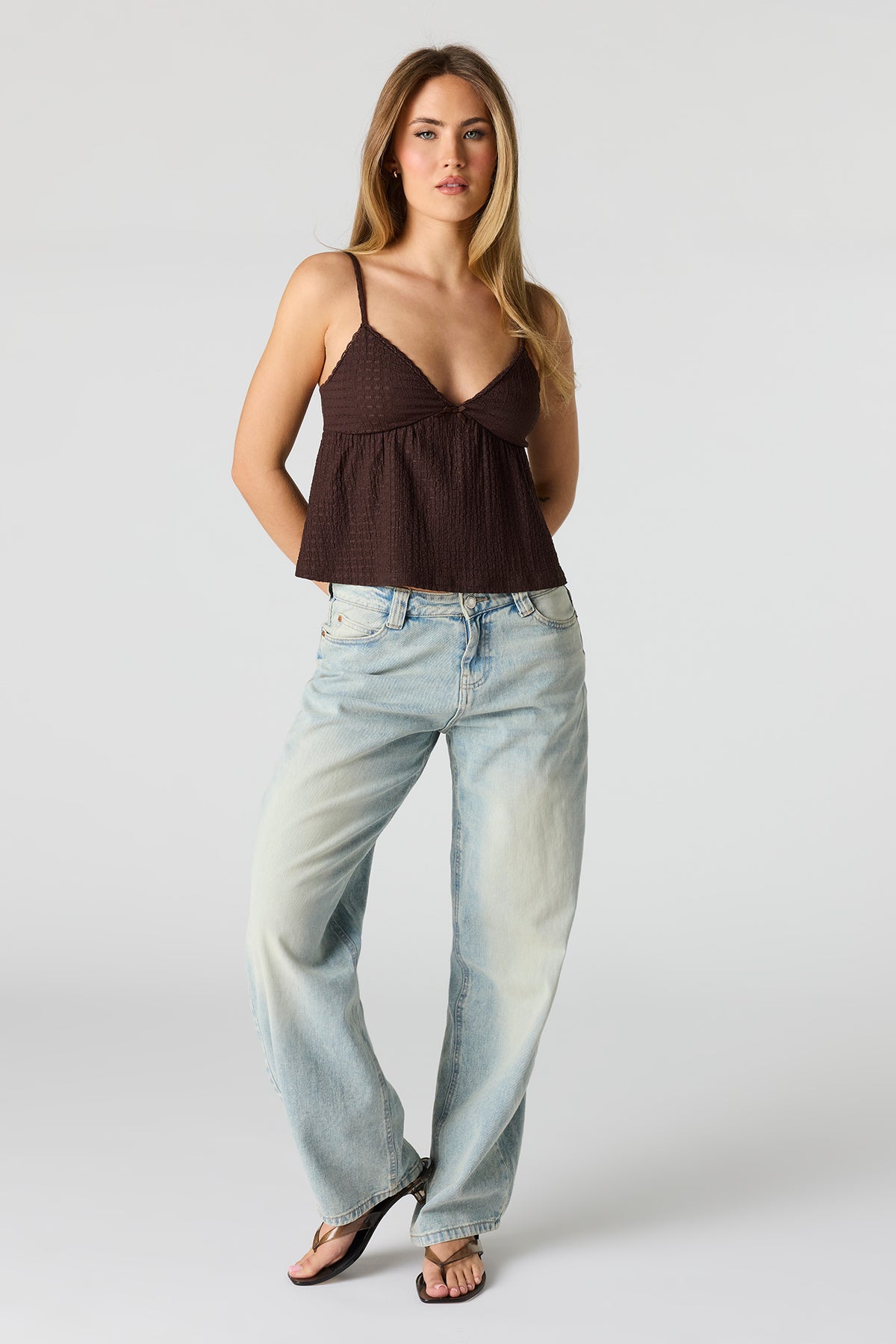 Alt View 3. Textured V-Neck Babydoll Tank - Brown