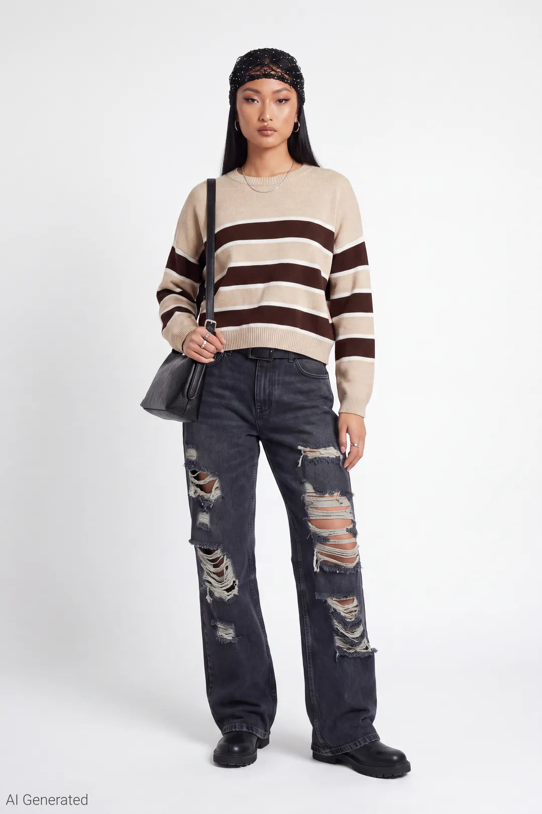 Alt View 2. Striped Crewneck Sweater - Oatmeal