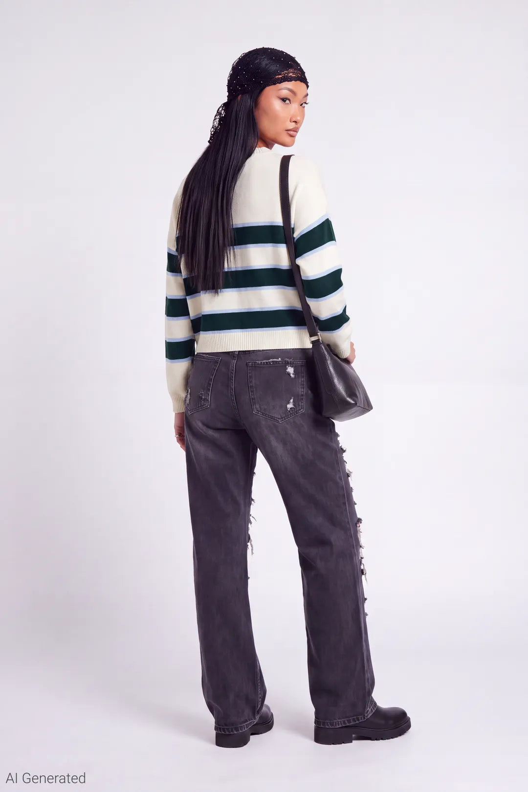 Alt View 3. Striped Crewneck Sweater - Ivory