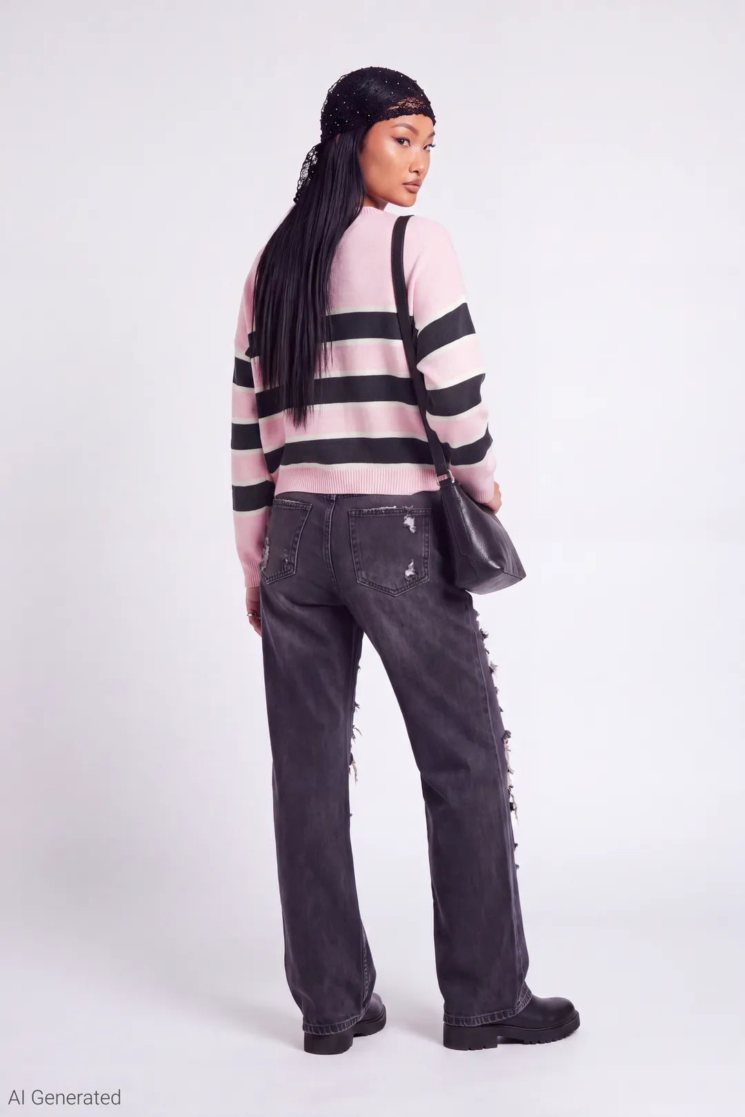 Alt View 3. Striped Crewneck Sweater - Light Pink