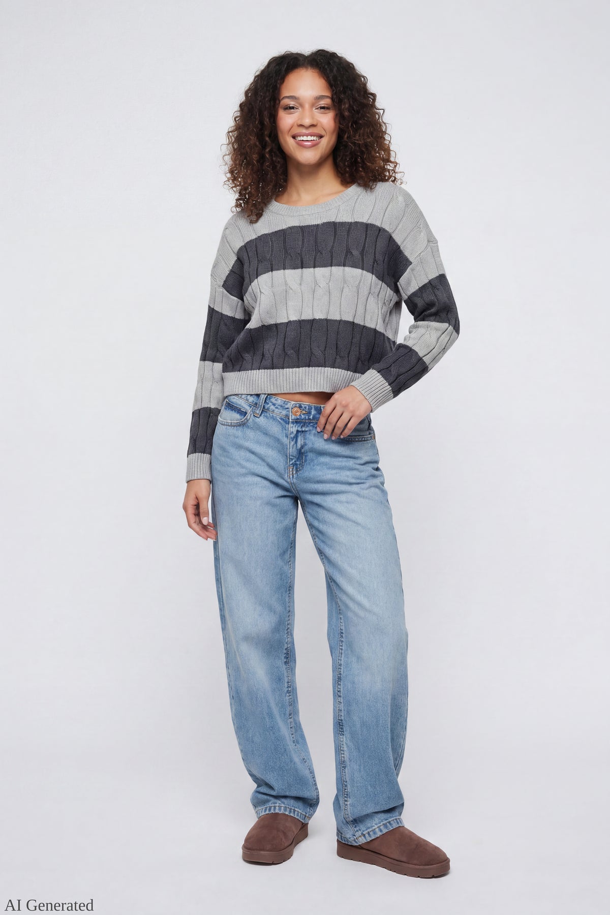 Alt View 2. Cable Knit Striped Sweater Charcoal Front - Charcoal