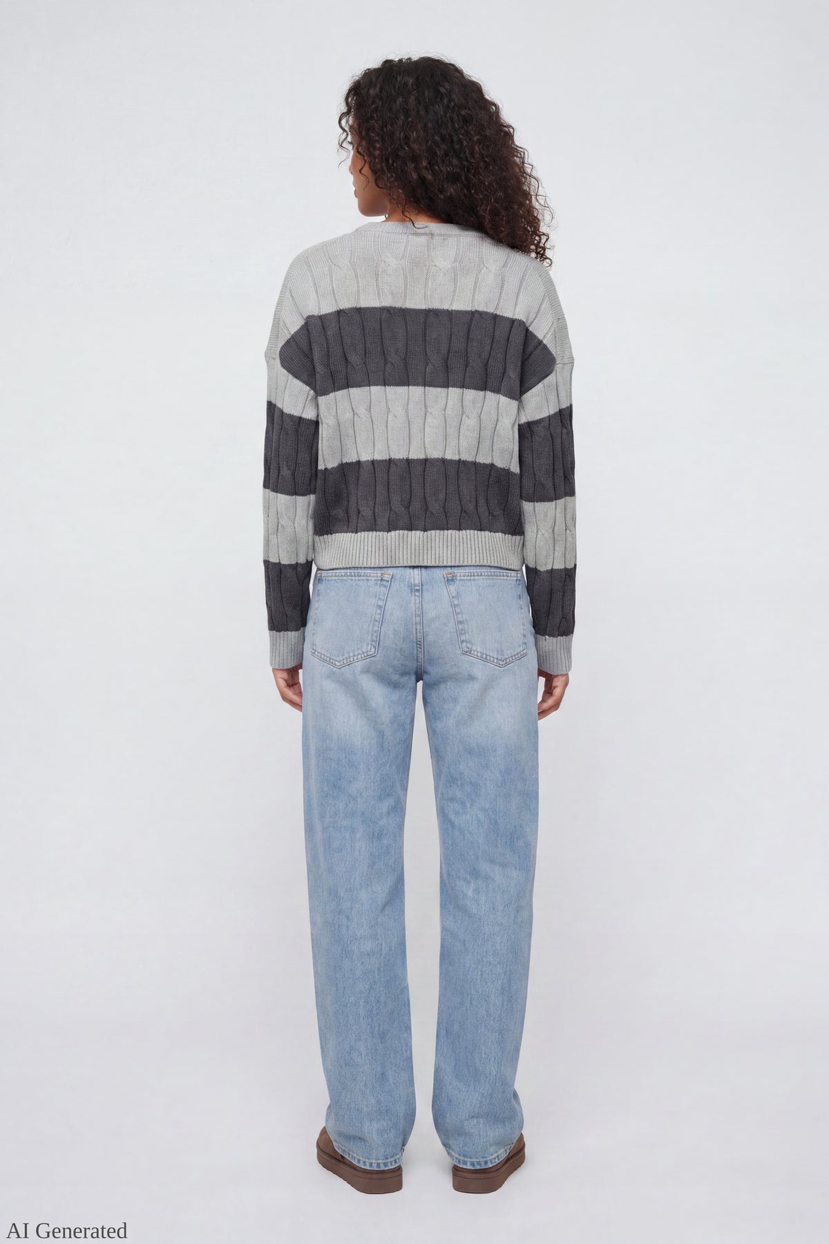 Alt View 3. Cable Knit Striped Sweater Charcoal Back - Charcoal