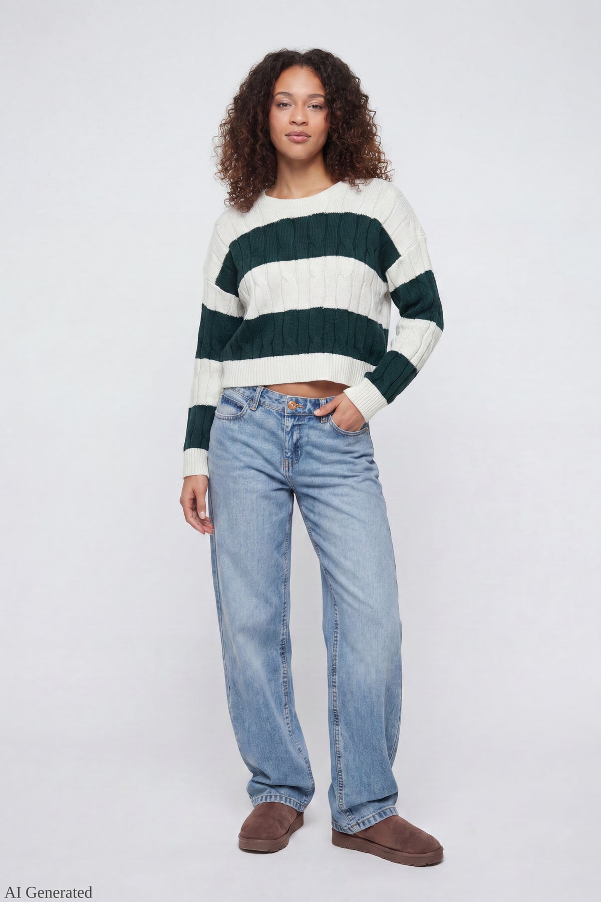 Alt View 2. Cable Knit Striped Sweater Hunter Green Front - Hunter Green