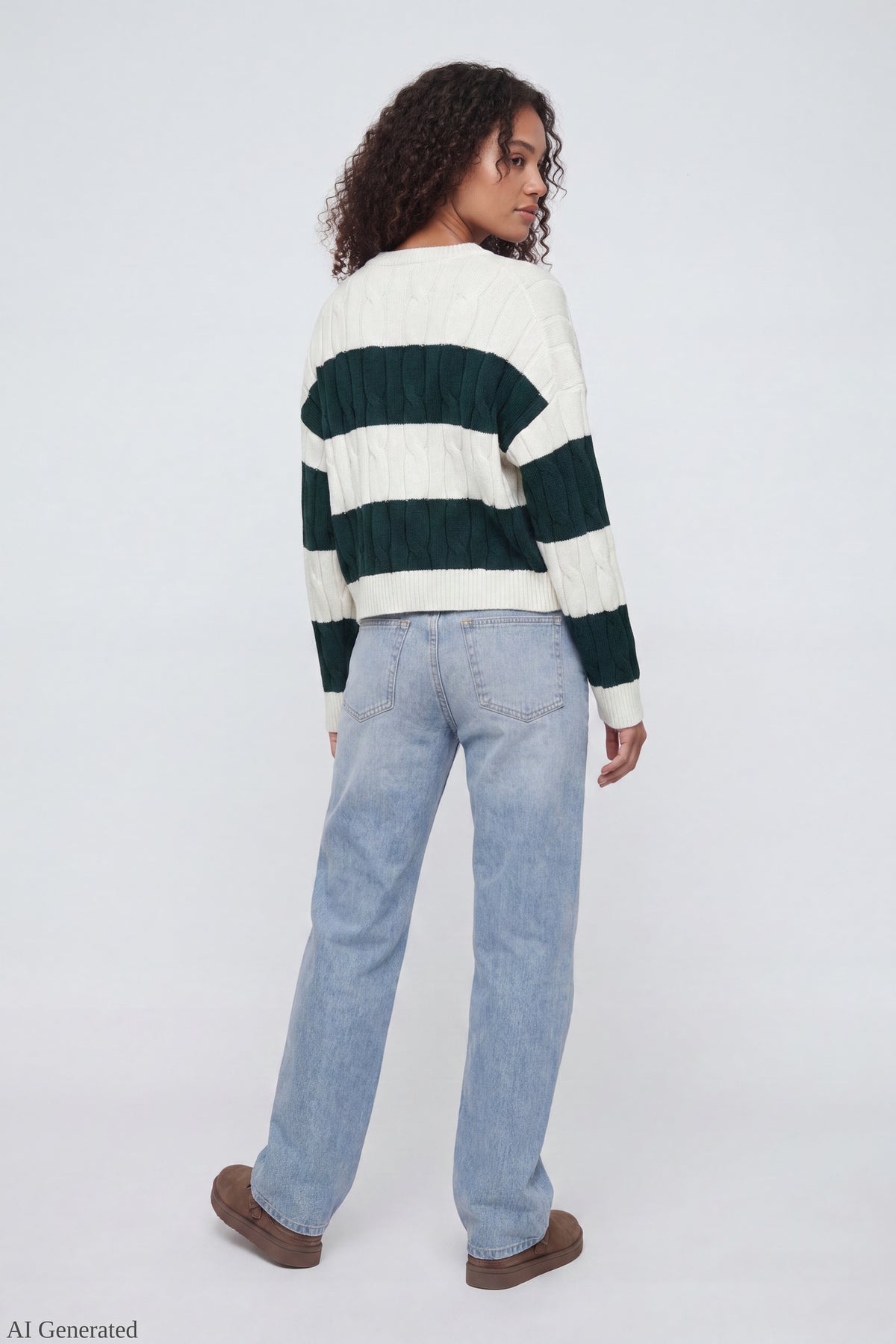 Alt View 3. Cable Knit Striped Sweater Hunter Green Back - Hunter Green