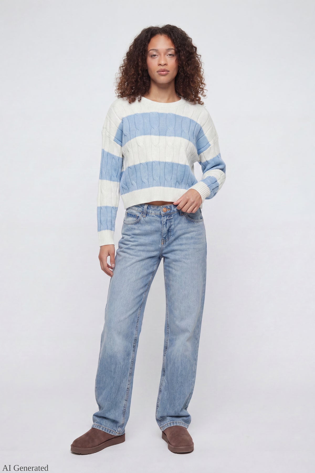 Alt View 2. Cable Knit Striped Sweater Light Blue Front - Light Blue