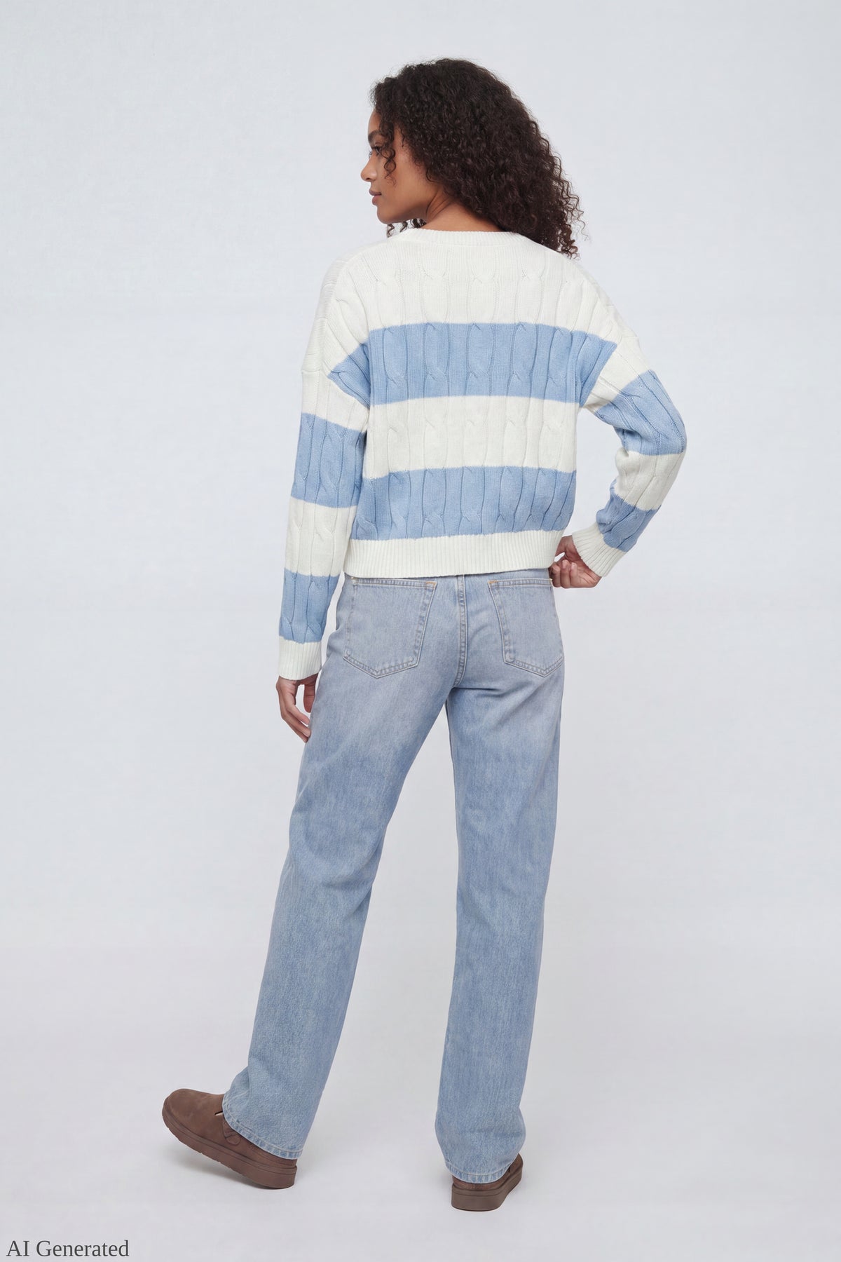 Alt View 3. Cable Knit Striped Sweater Light Blue Back - Light Blue