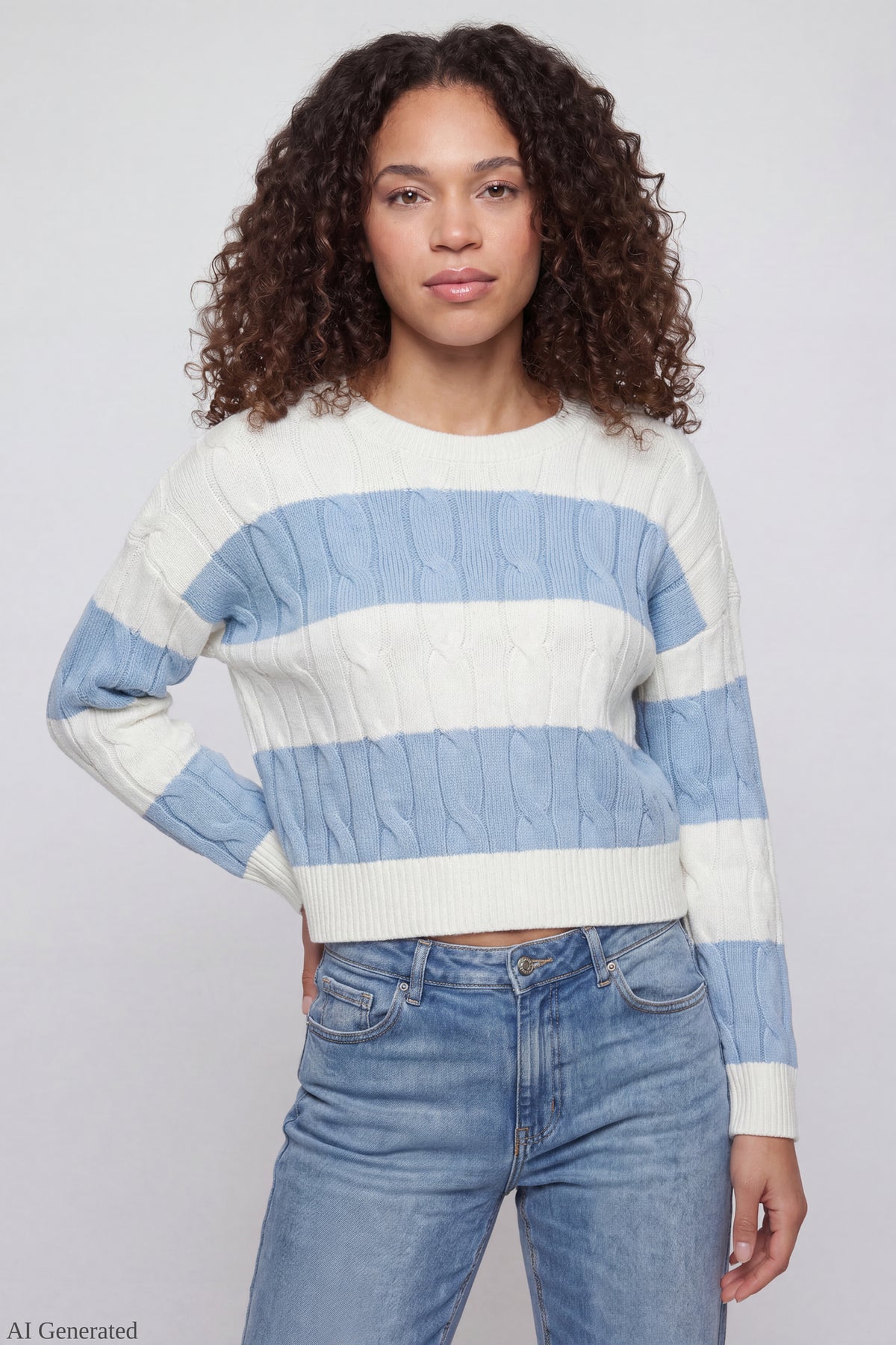 Cable Knit Striped Sweater Light Blue Hero - Light Blue