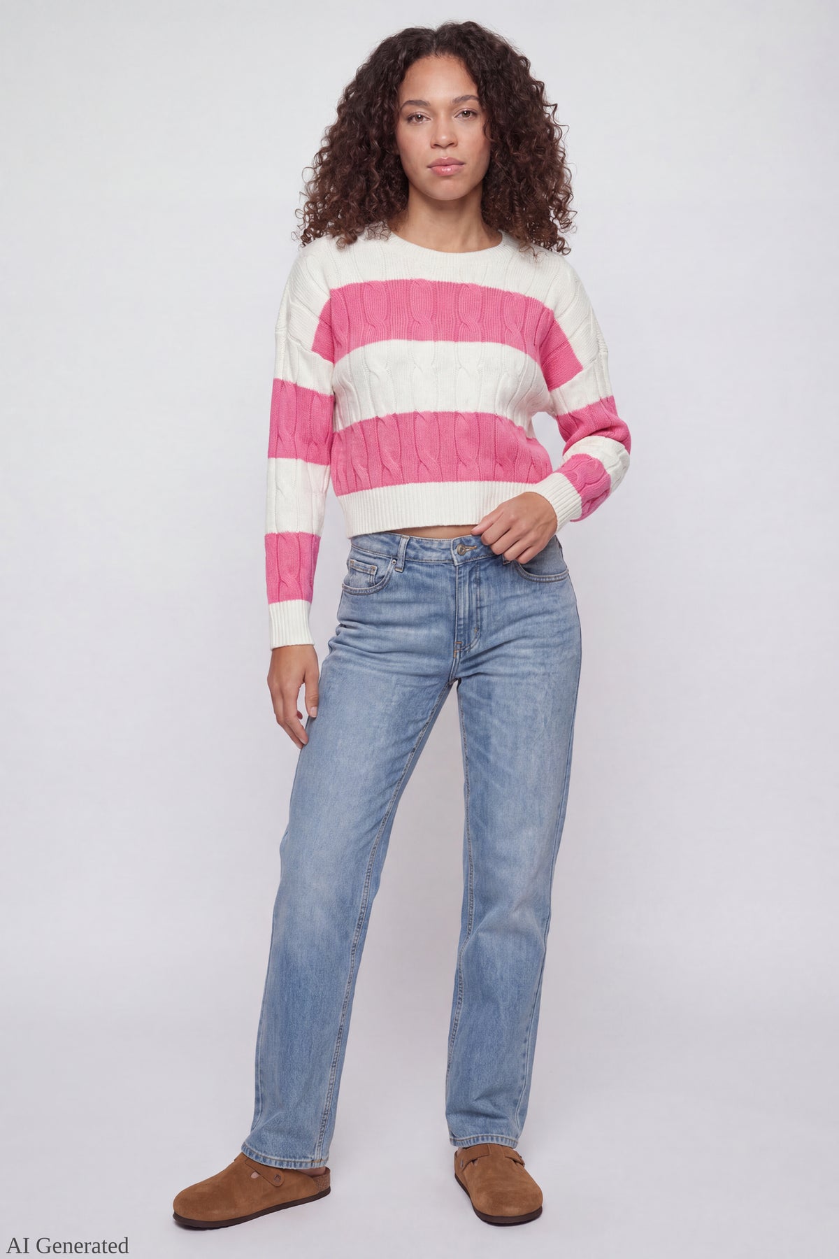 Alt View 2. Cable Knit Striped Sweater Pink Front - Pink