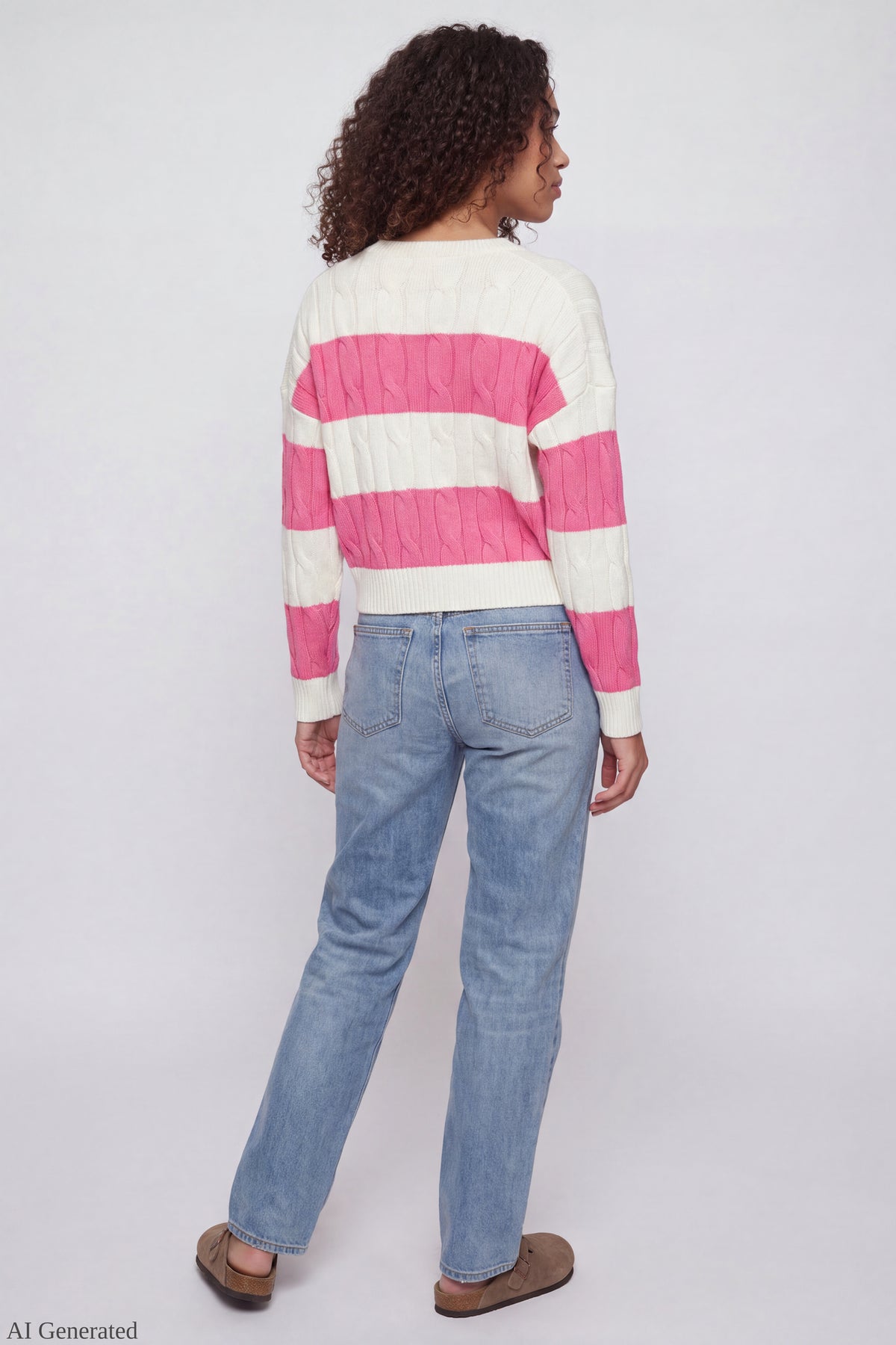 Alt View 3. Cable Knit Striped Sweater Pink Back - Pink