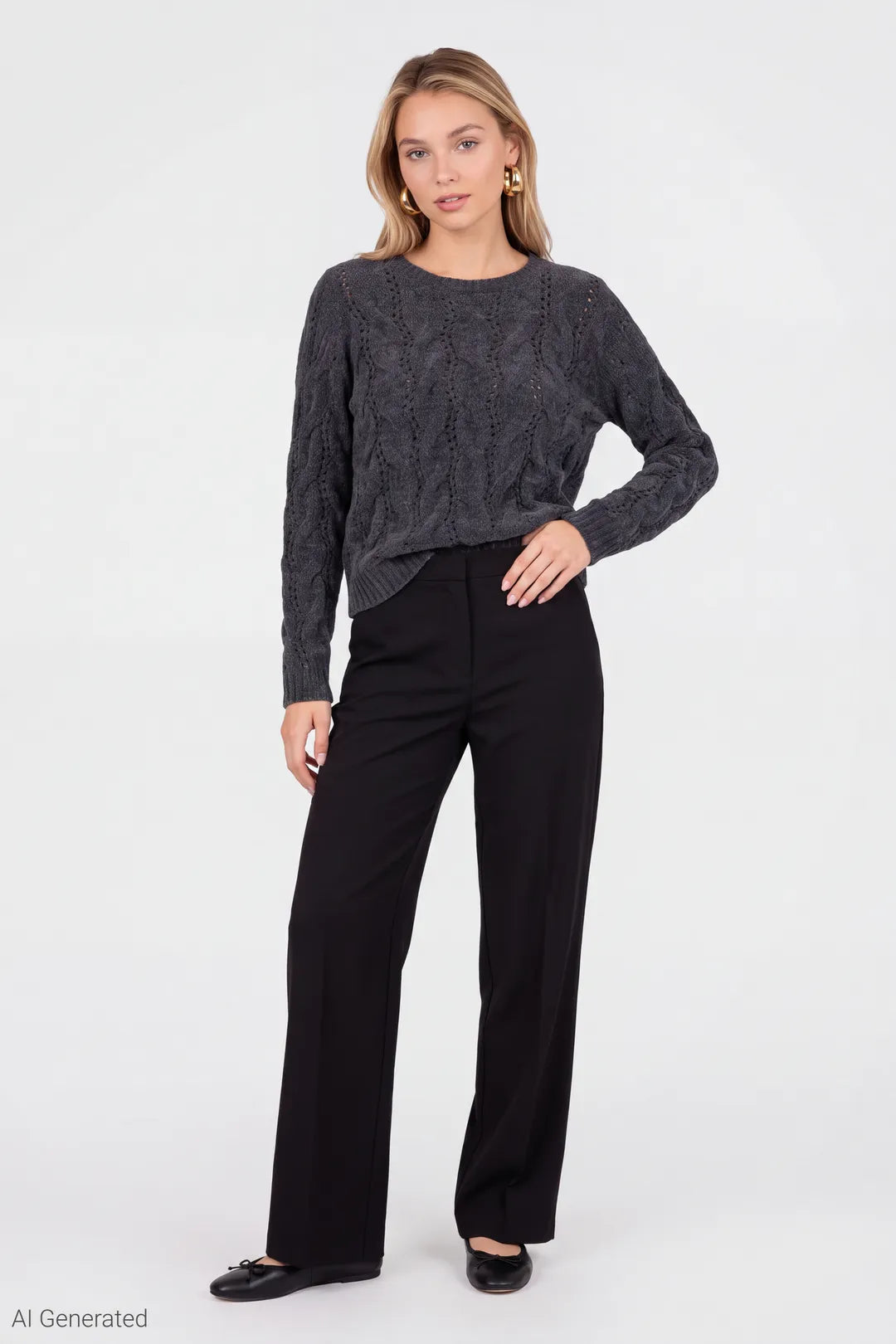 Alt View 3. Mossy Cable Knit Sweater - Charcoal