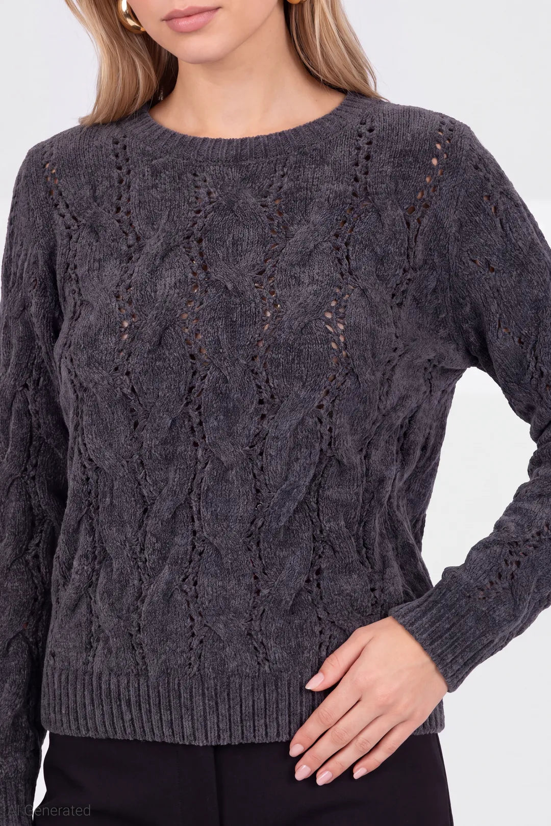 Alt View 4. Mossy Cable Knit Sweater - Charcoal