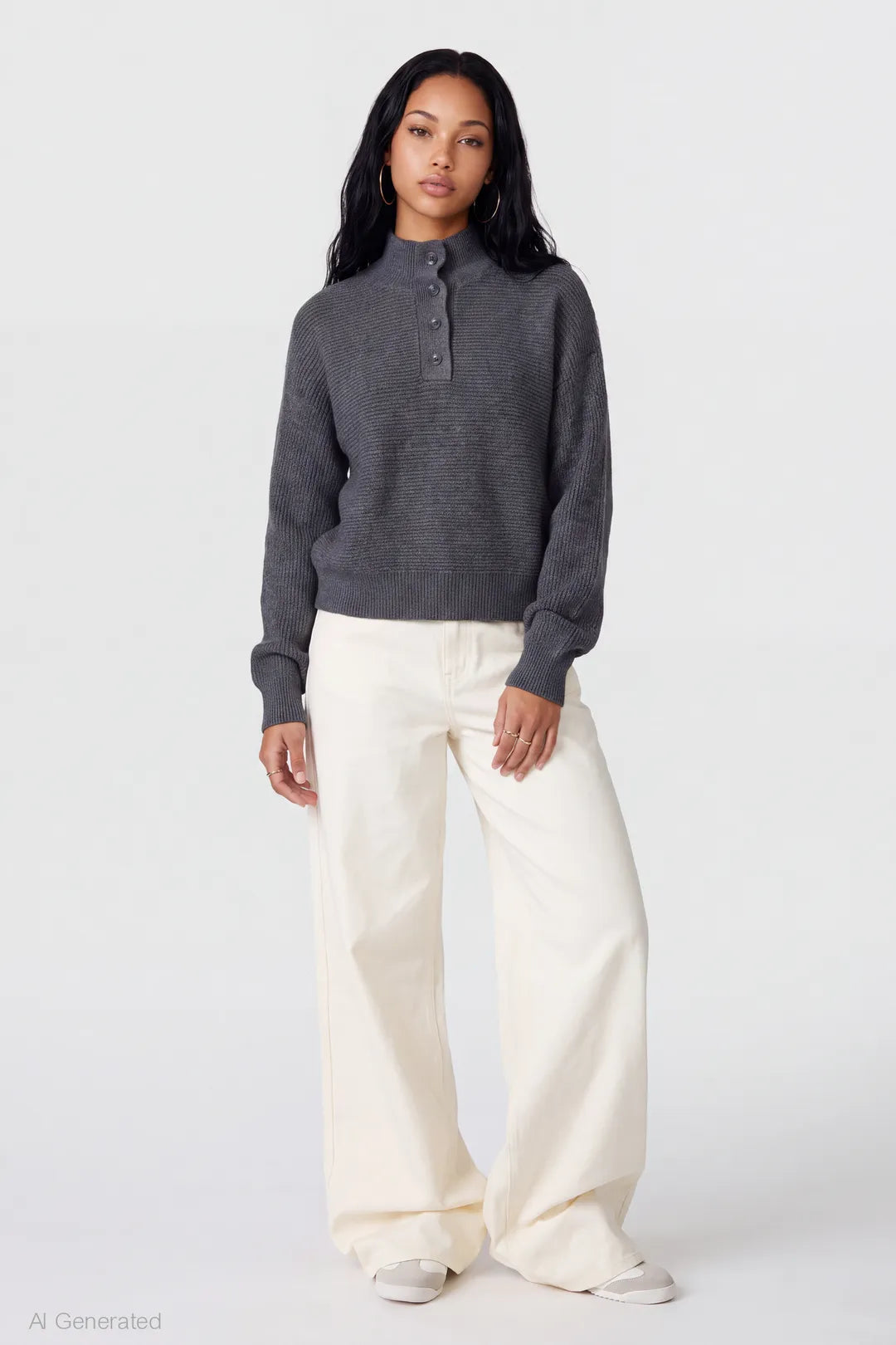 Alt View 3. Mossy Knit Polo Sweater - Charcoal