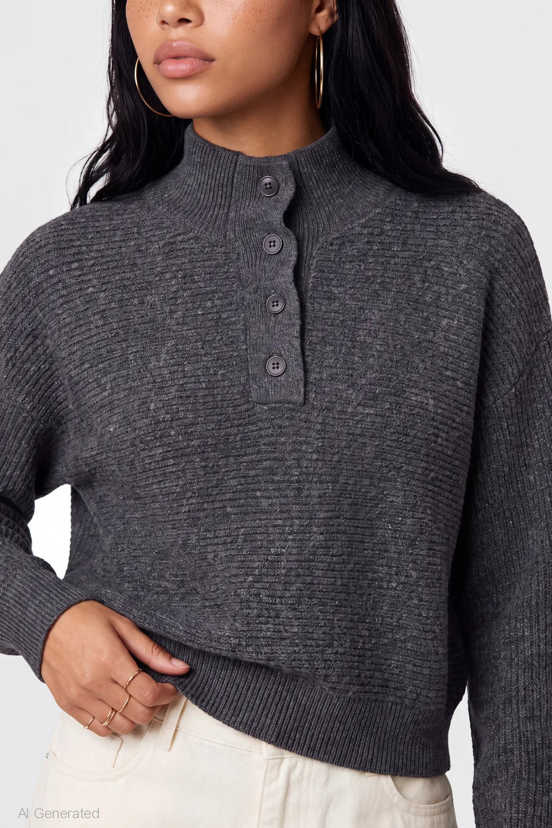Alt View 4. Mossy Knit Polo Sweater - Charcoal
