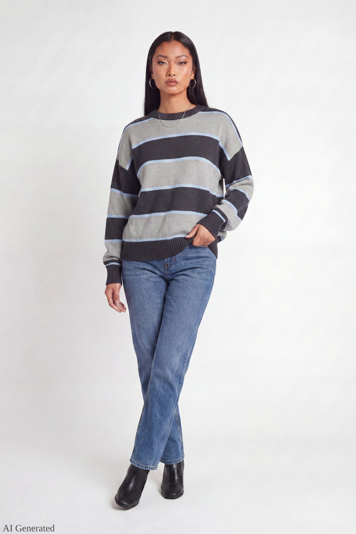 Alt View 2. Oversized Striped Sweater - Charcoal