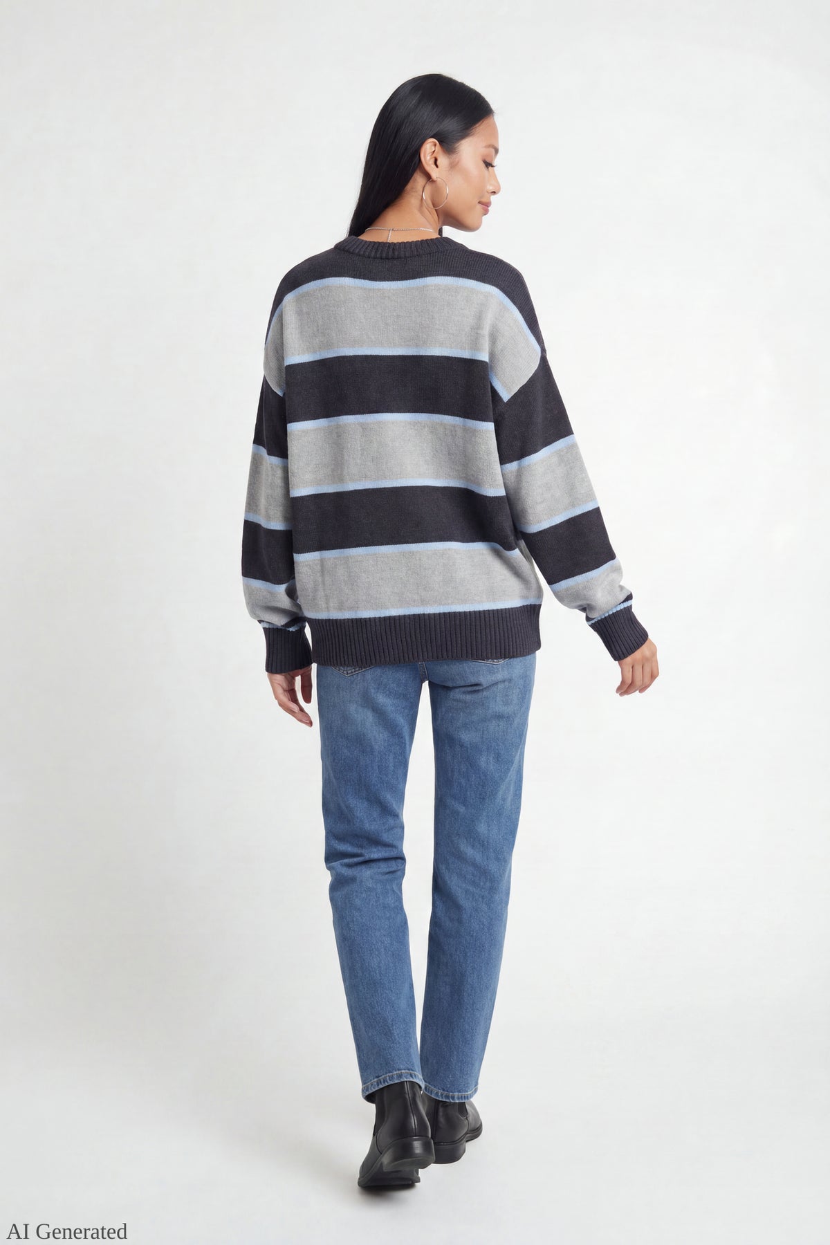 Alt View 3. Oversized Striped Sweater - Charcoal