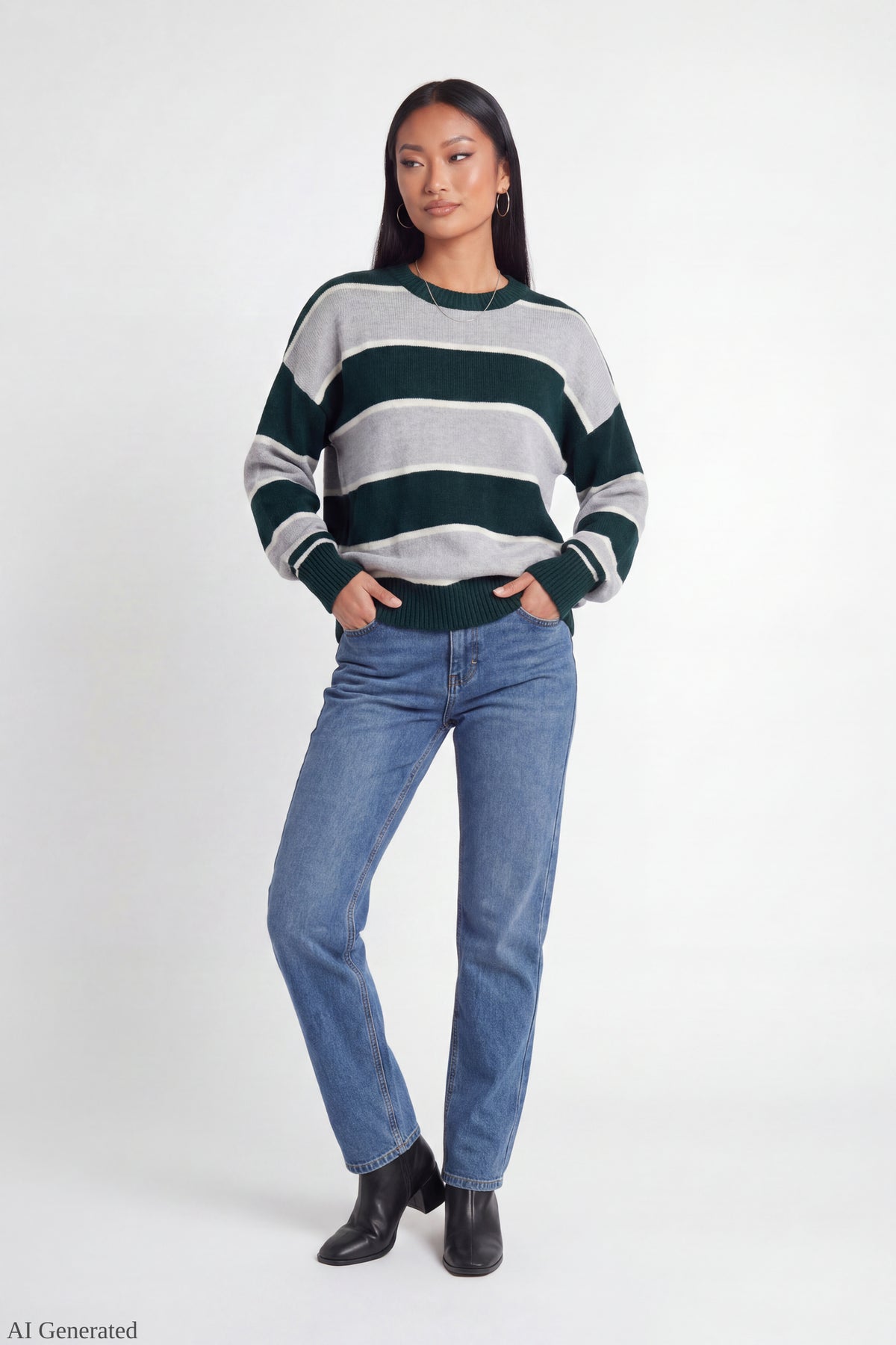 Alt View 2. Oversized Striped Sweater - Hunter Green