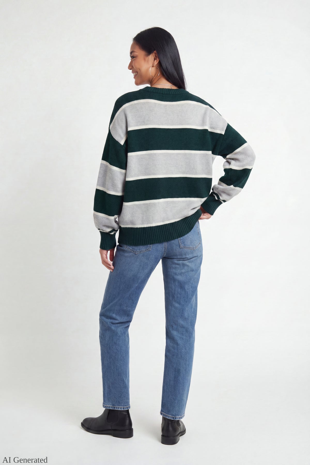 Alt View 3. Oversized Striped Sweater - Hunter Green