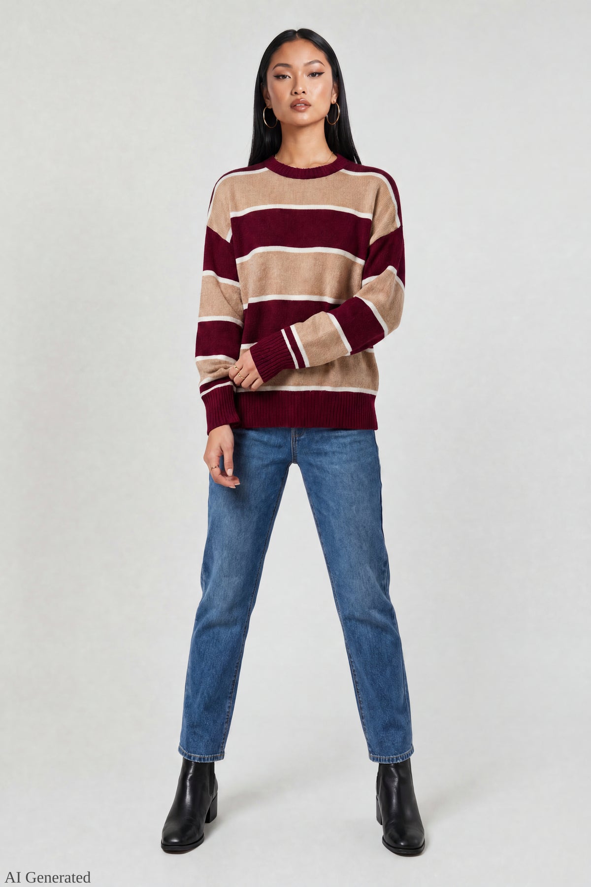 Alt View 2. Oversized Striped Sweater - Burgundy
