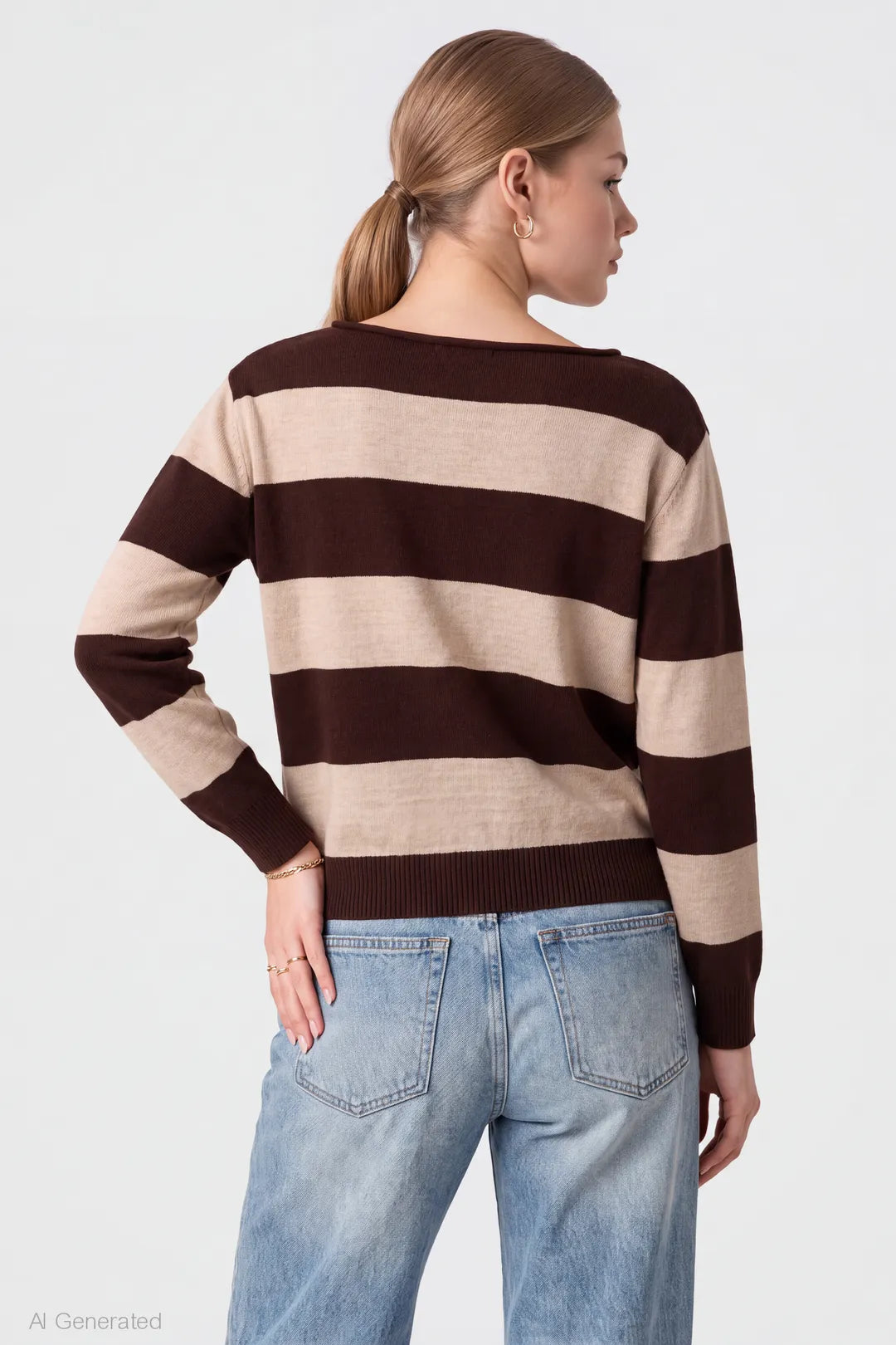 Alt View 2. Striped Boatneck Sweater - Brown