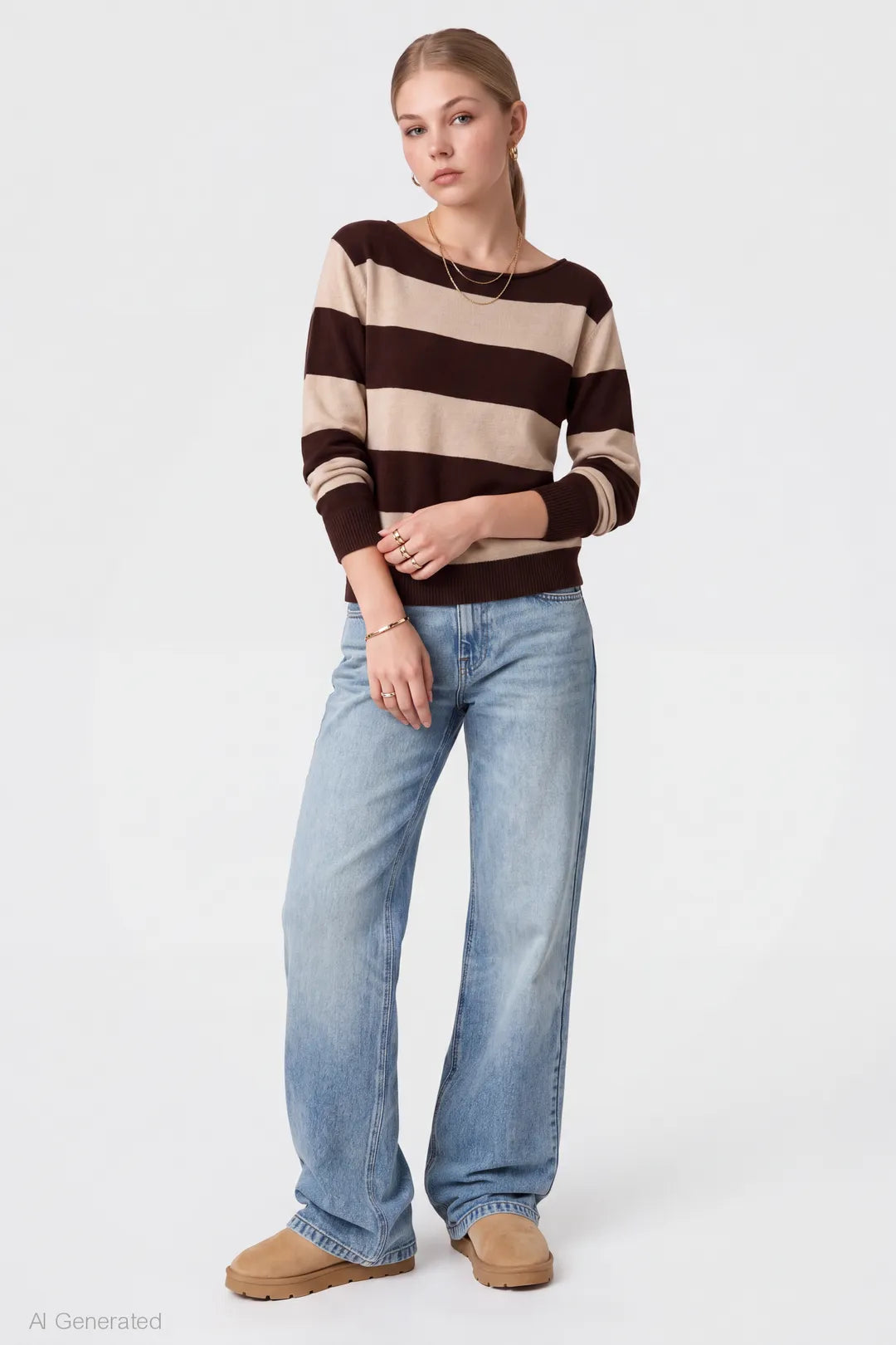 Alt View 3. Striped Boatneck Sweater - Brown