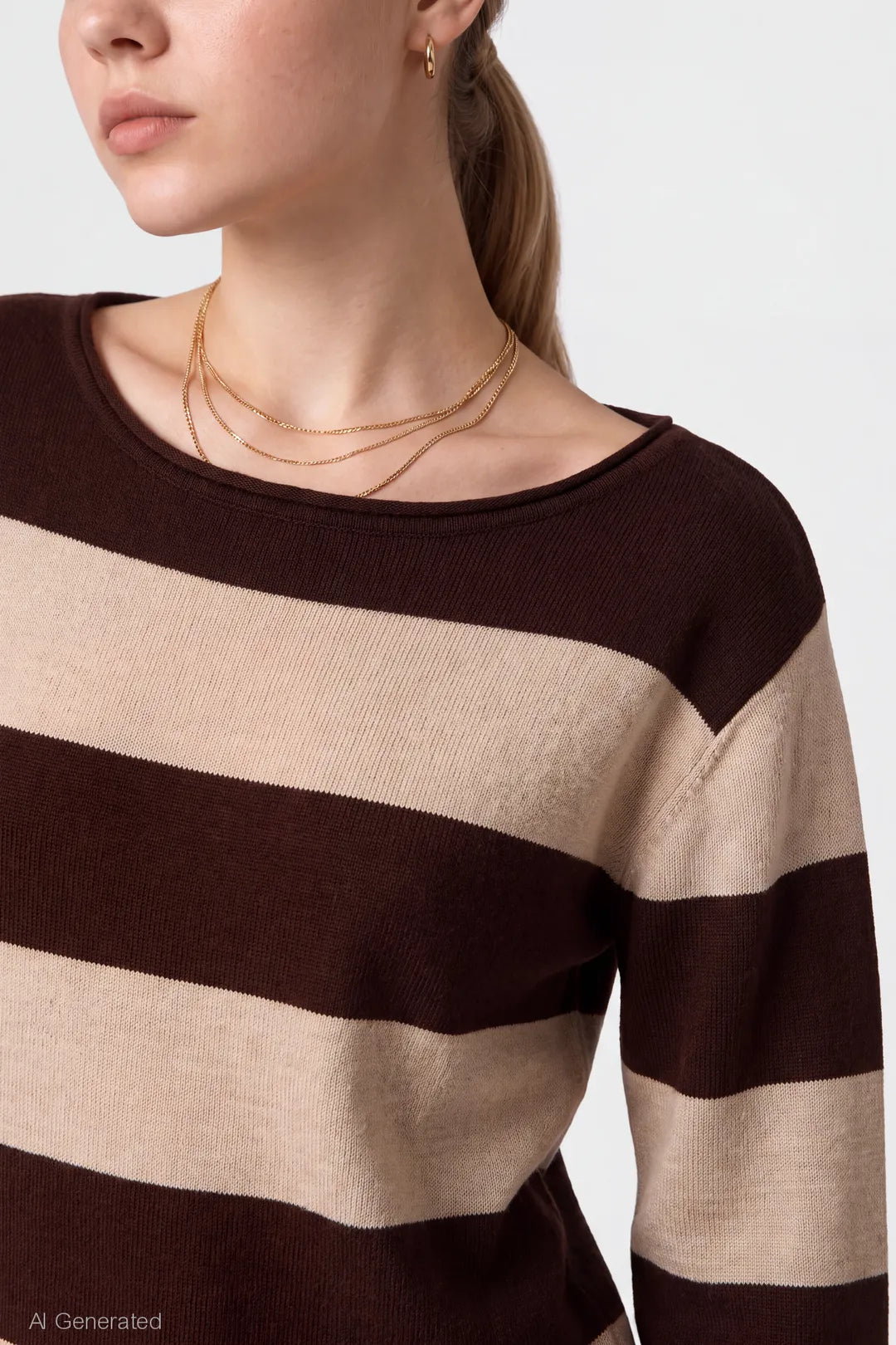 Alt View 4. Striped Boatneck Sweater - Brown