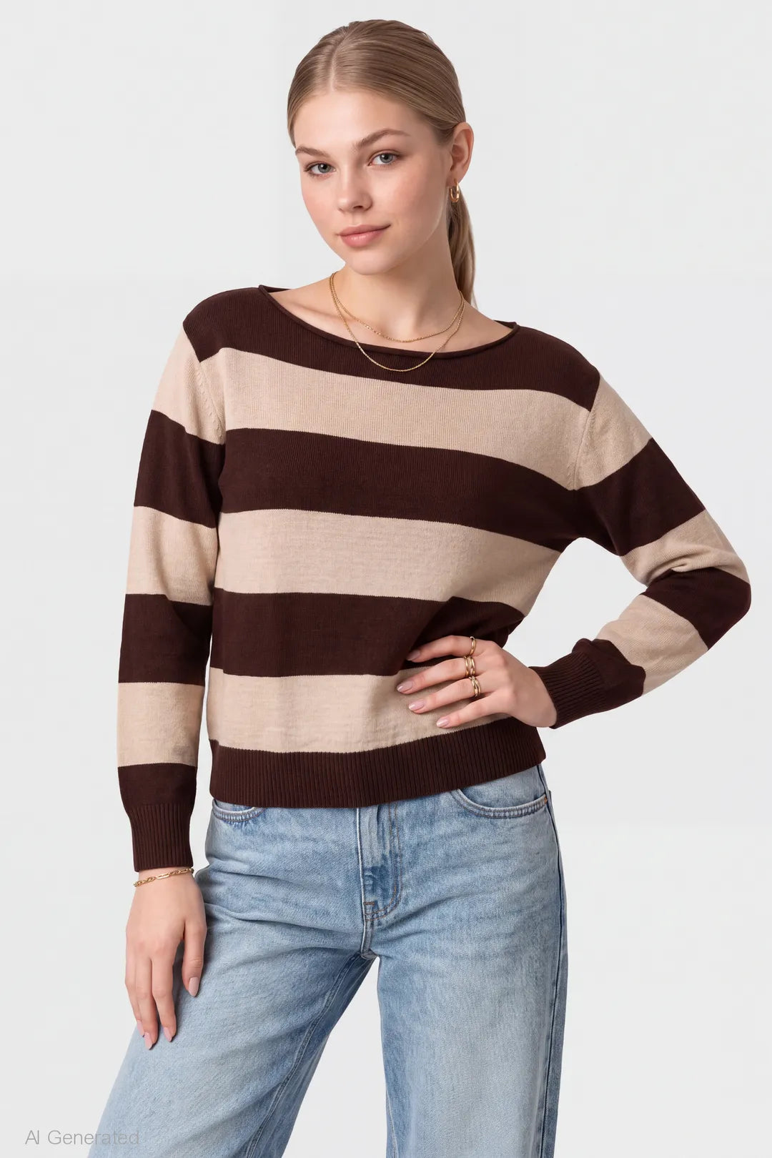 Striped Boatneck Sweater - Brown