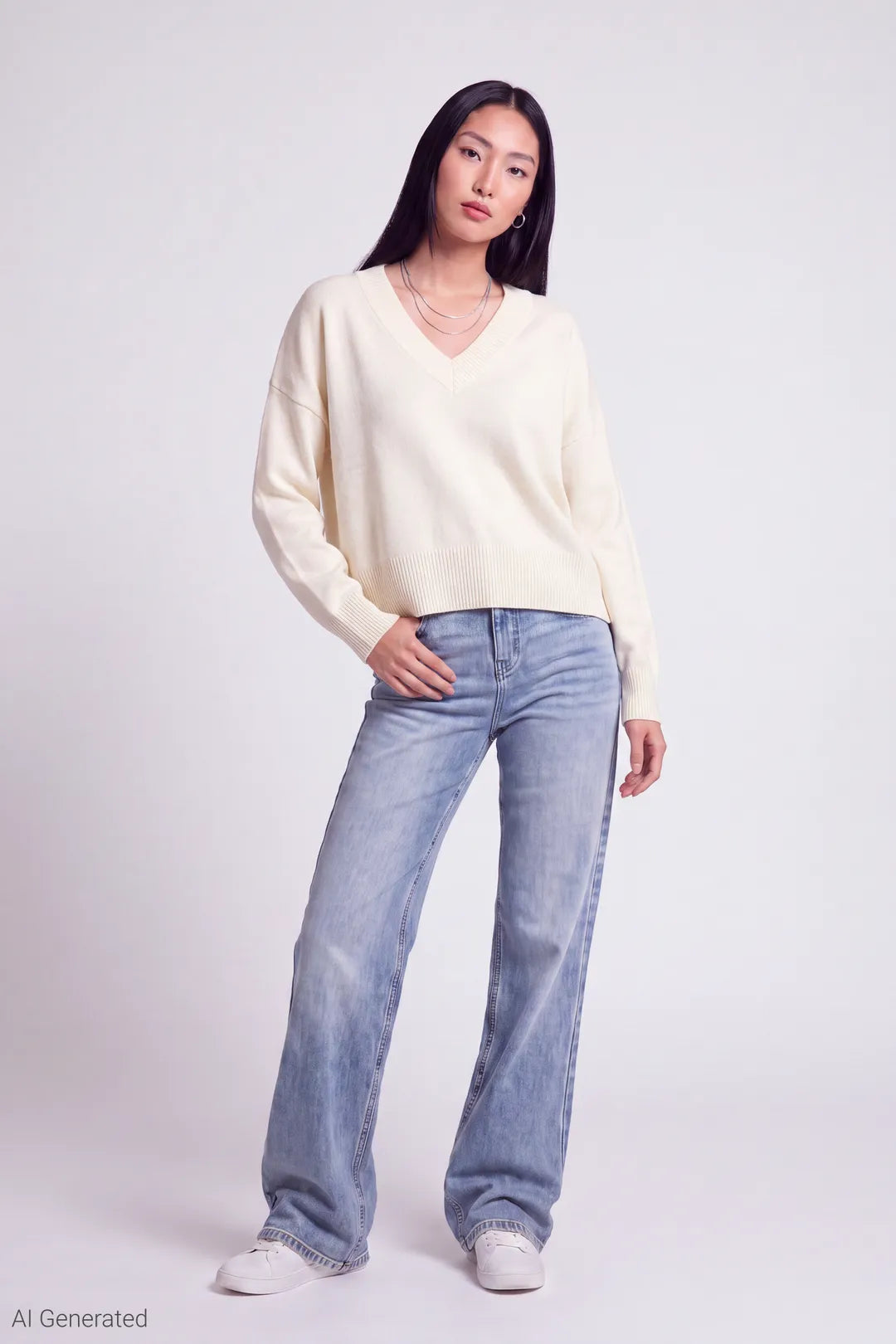 Alt View 2. V-Neck Sweater - Ivory