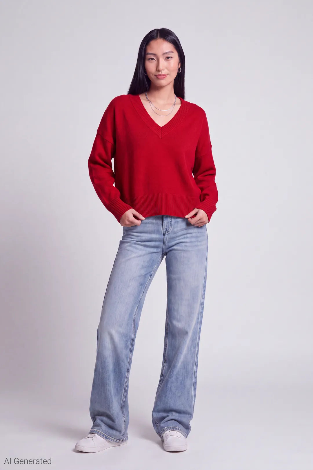 Alt View 2. V-Neck Sweater - Red