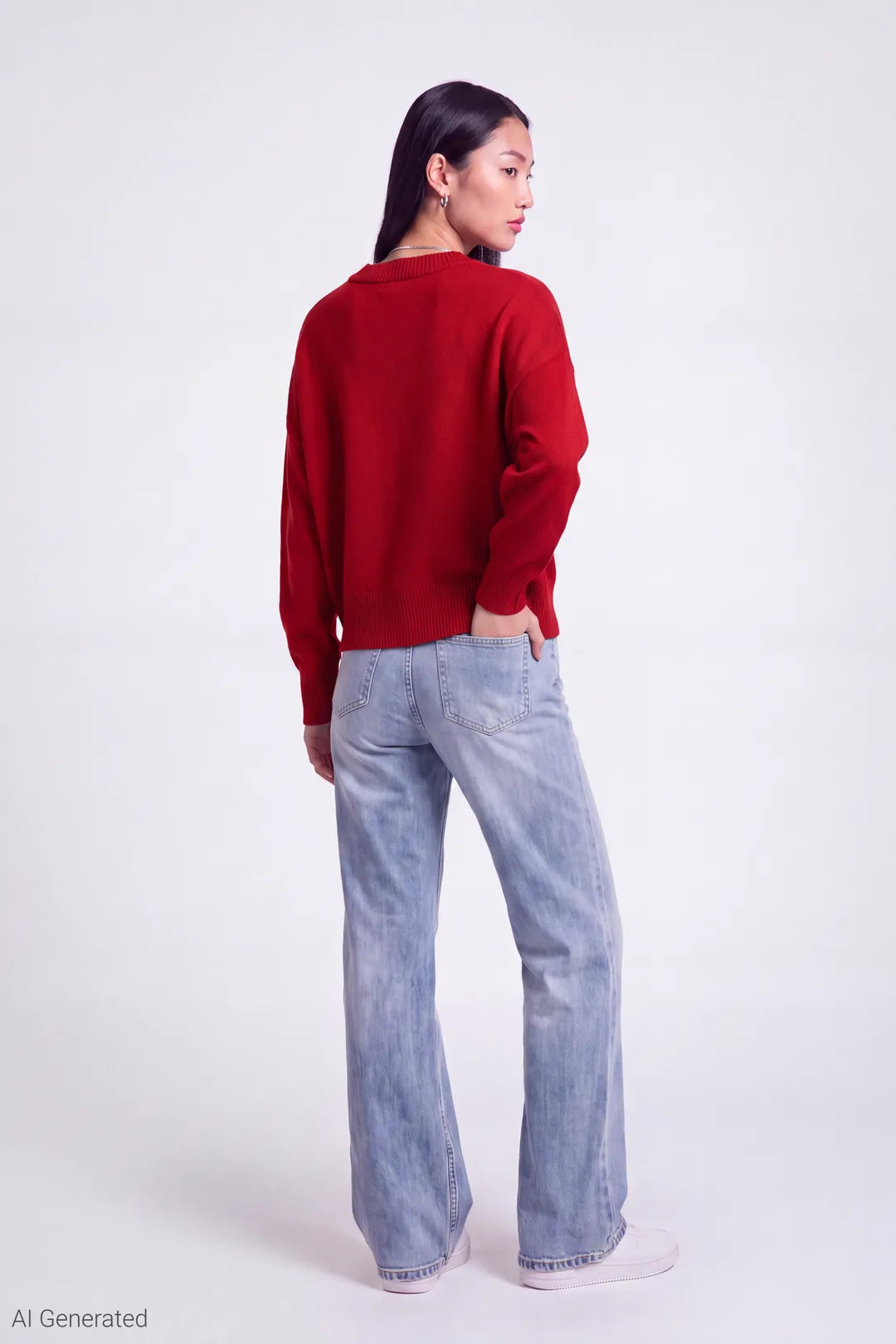 Alt View 3. V-Neck Sweater - Red