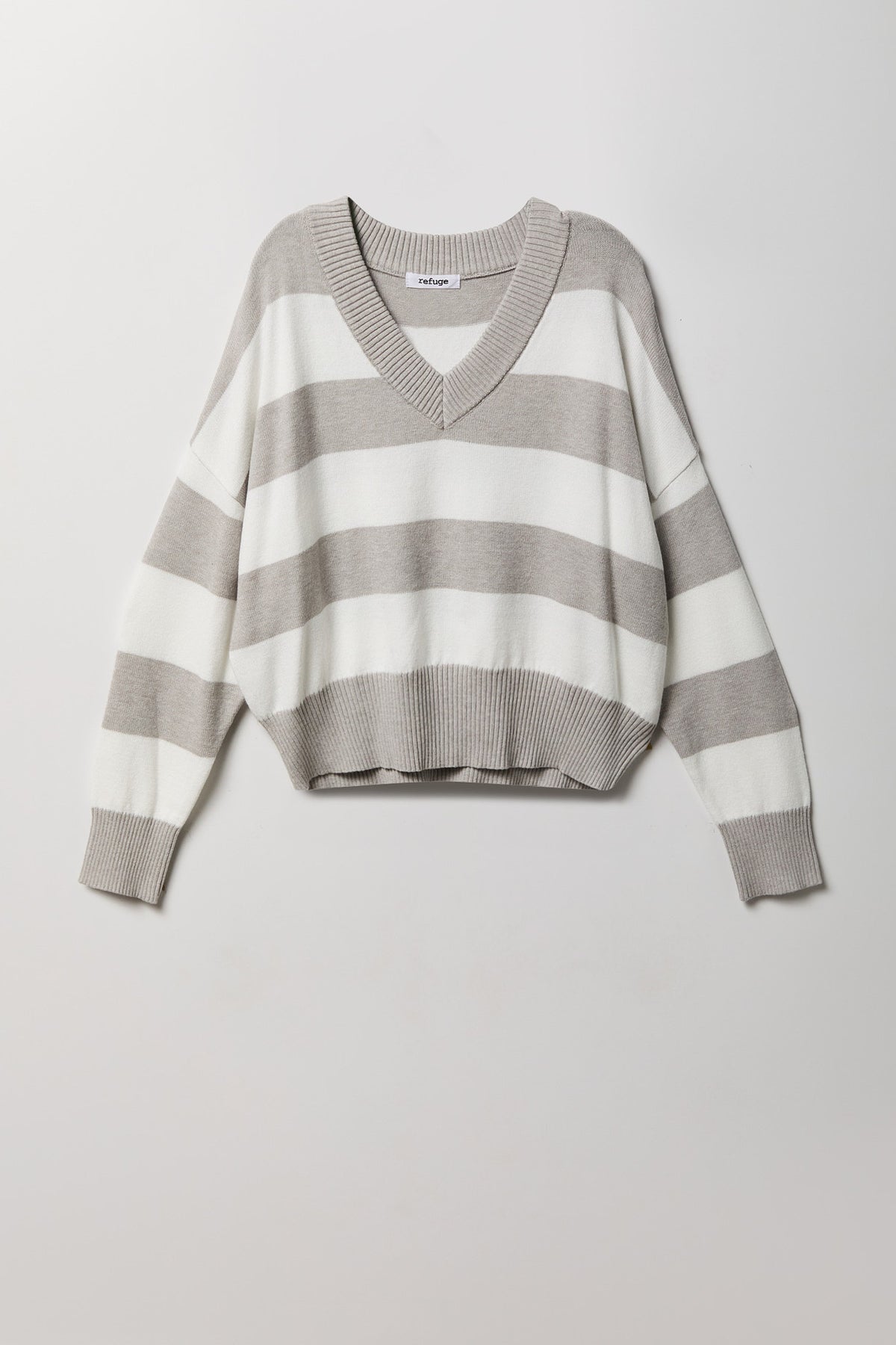 Striped V-Neck Sweater - Heather Grey