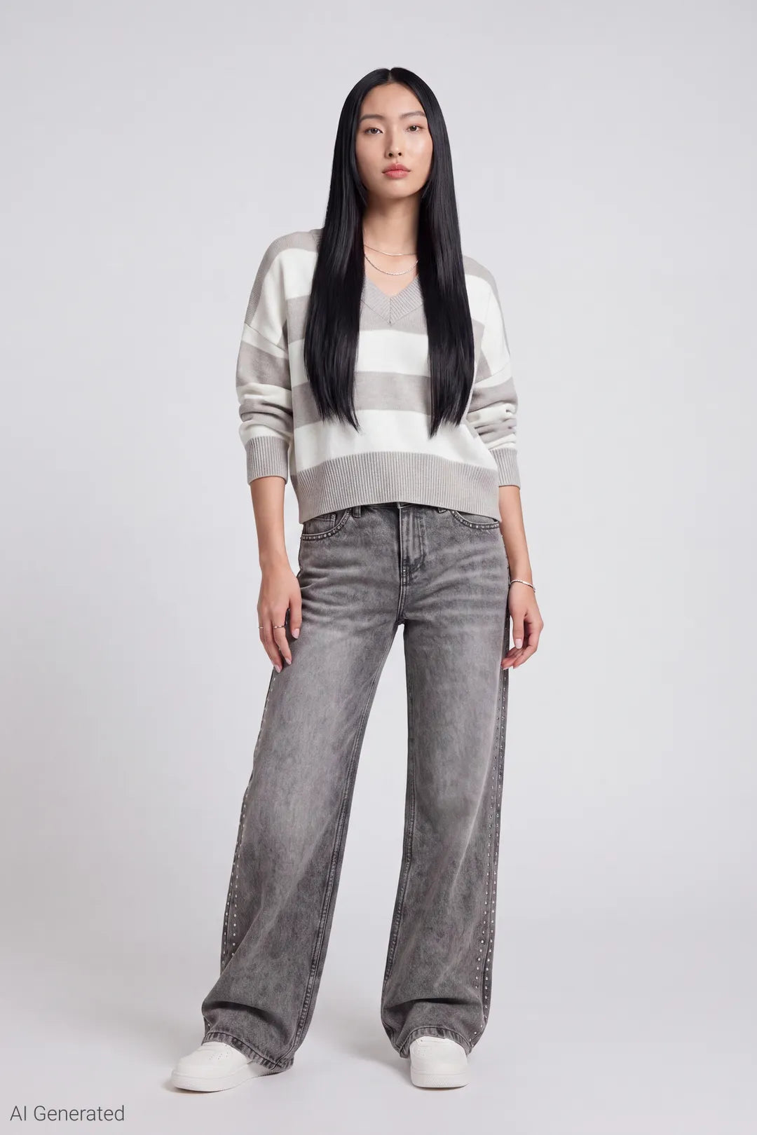 Alt View 2. Striped V-Neck Sweater - Heather Grey