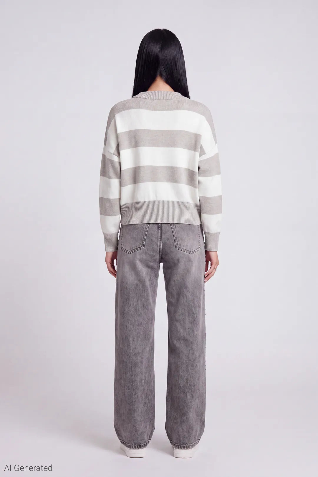 Alt View 3. Striped V-Neck Sweater - Heather Grey