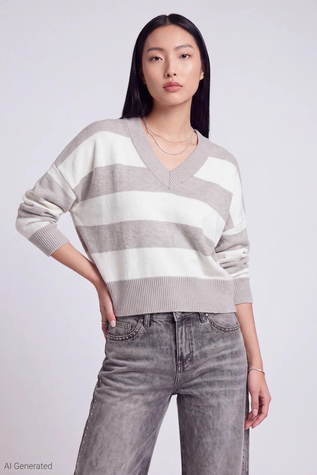 Striped V-Neck Sweater - Heather Grey